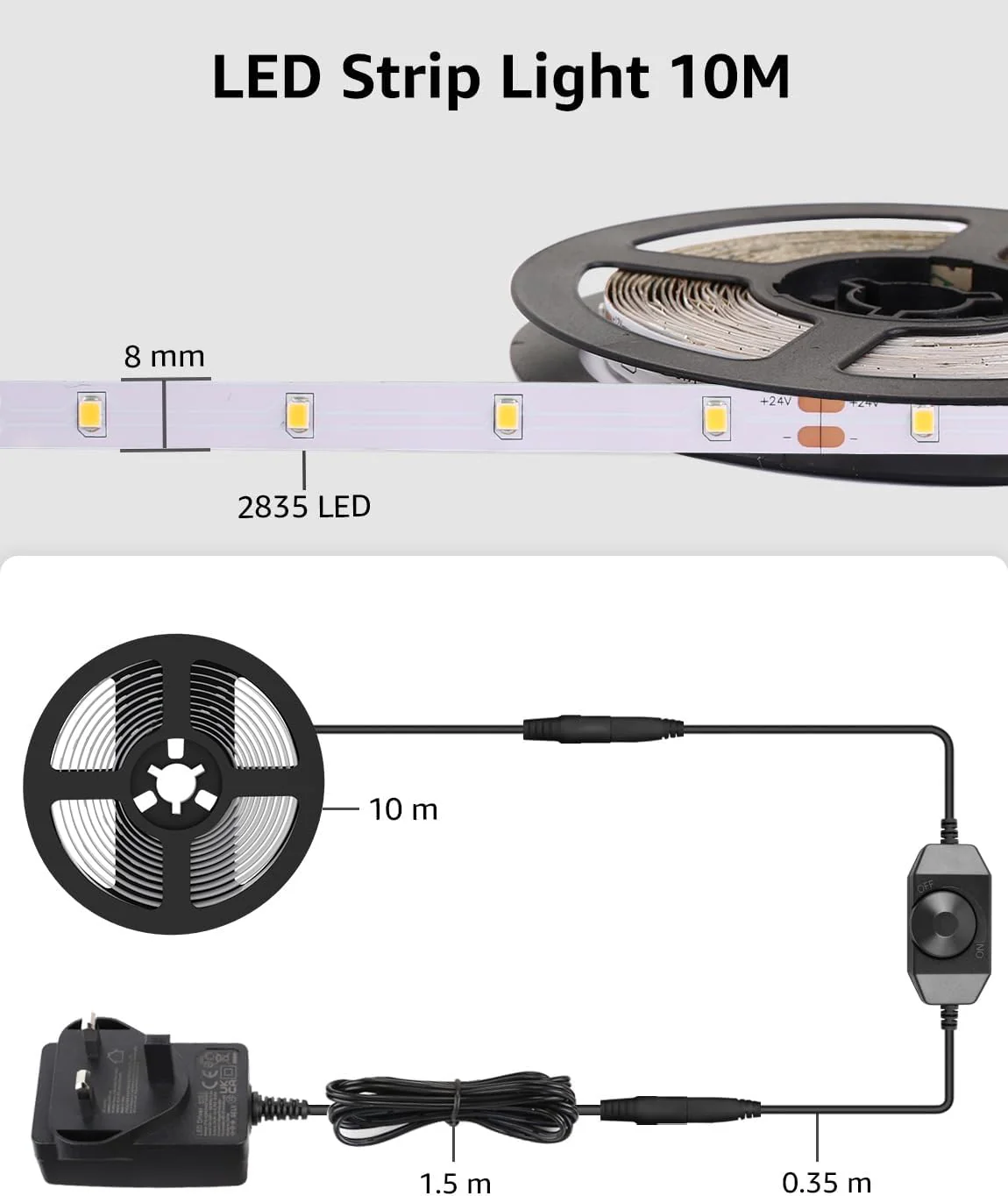 Lepro LED Strip Light Warm White 10M, 2000lm Dimmable LED Taple, 24V UK Plug in LED Strip with Dimmer Switch, 3000K Flexible Stick-on LED Lights for Bedroom, Kitchen, Cupboard, Shelf (1 Roll) - Image 5