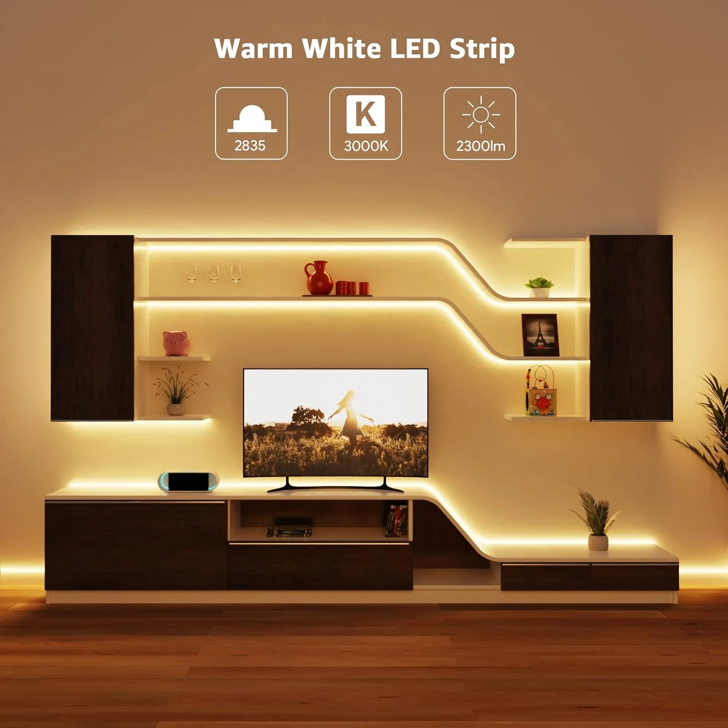 Lepro 5M Warm White LED Strip Without 12V Power Plug, 2300lm 3000K LED Tape, 300 2835 LEDs, Stick on LED Lights for Bedroom, Kitchen Cabinet, Under Cupboard, DIY and More - Image 2