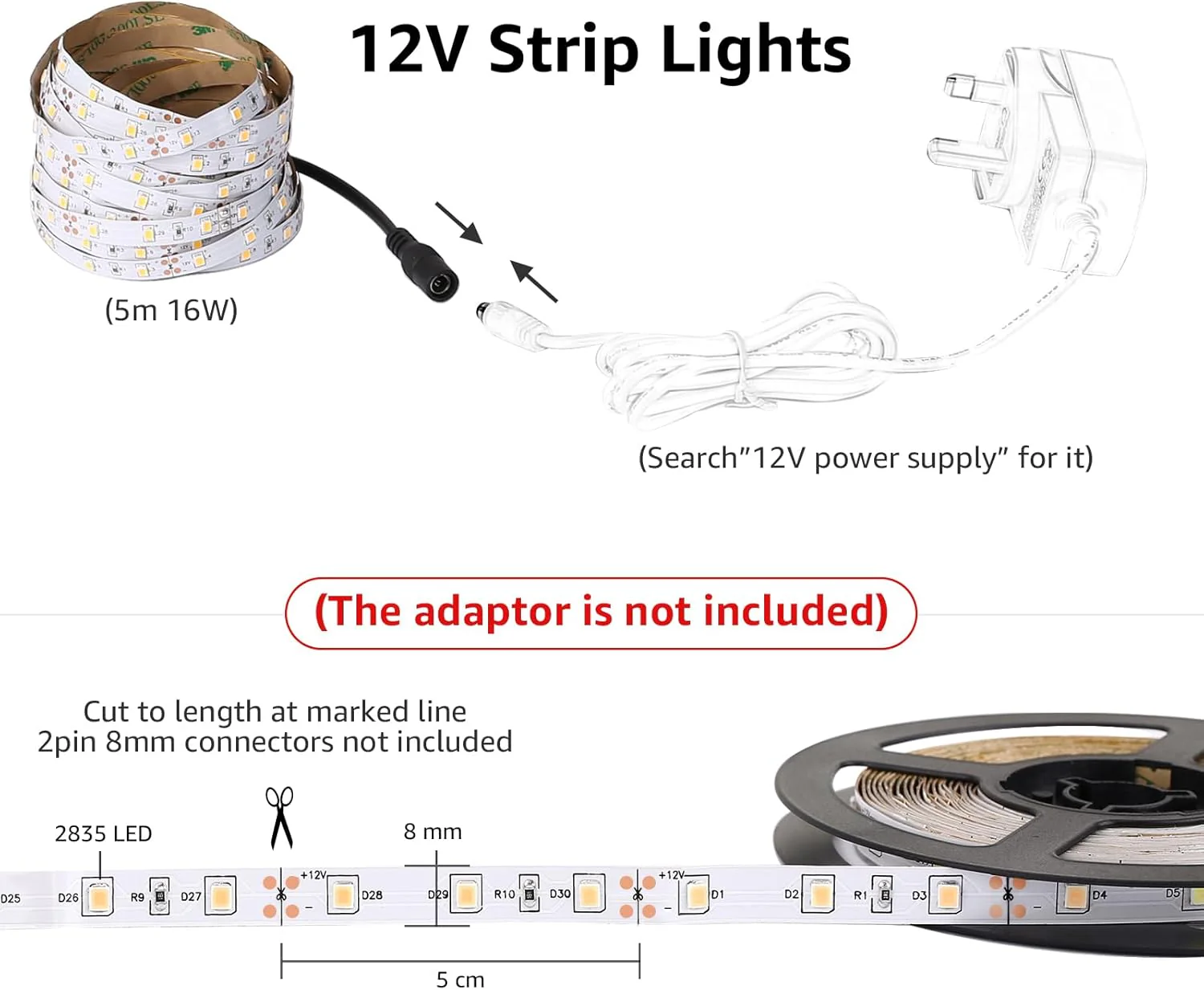 Lepro 5M Warm White LED Strip Without 12V Power Plug, 2300lm 3000K LED Tape, 300 2835 LEDs, Stick on LED Lights for Bedroom, Kitchen Cabinet, Under Cupboard, DIY and More - Image 3