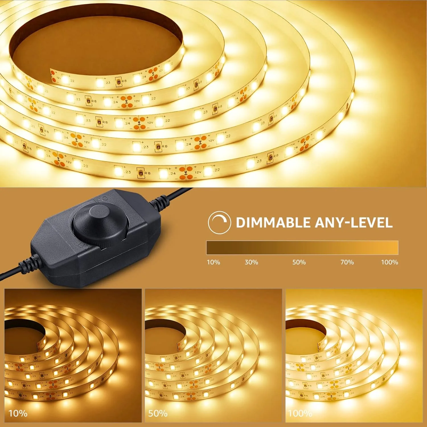 Lepro Warm White LED Strip Light 5M 300 LEDs, 1650lm Dimmable LED Tape Lights, 3000K Flexible LED Lights for Bedroom Kitchen Under Cabinet Wardrobe Stair (12V Power Plug and Dimmer Switch Included) - Image 2