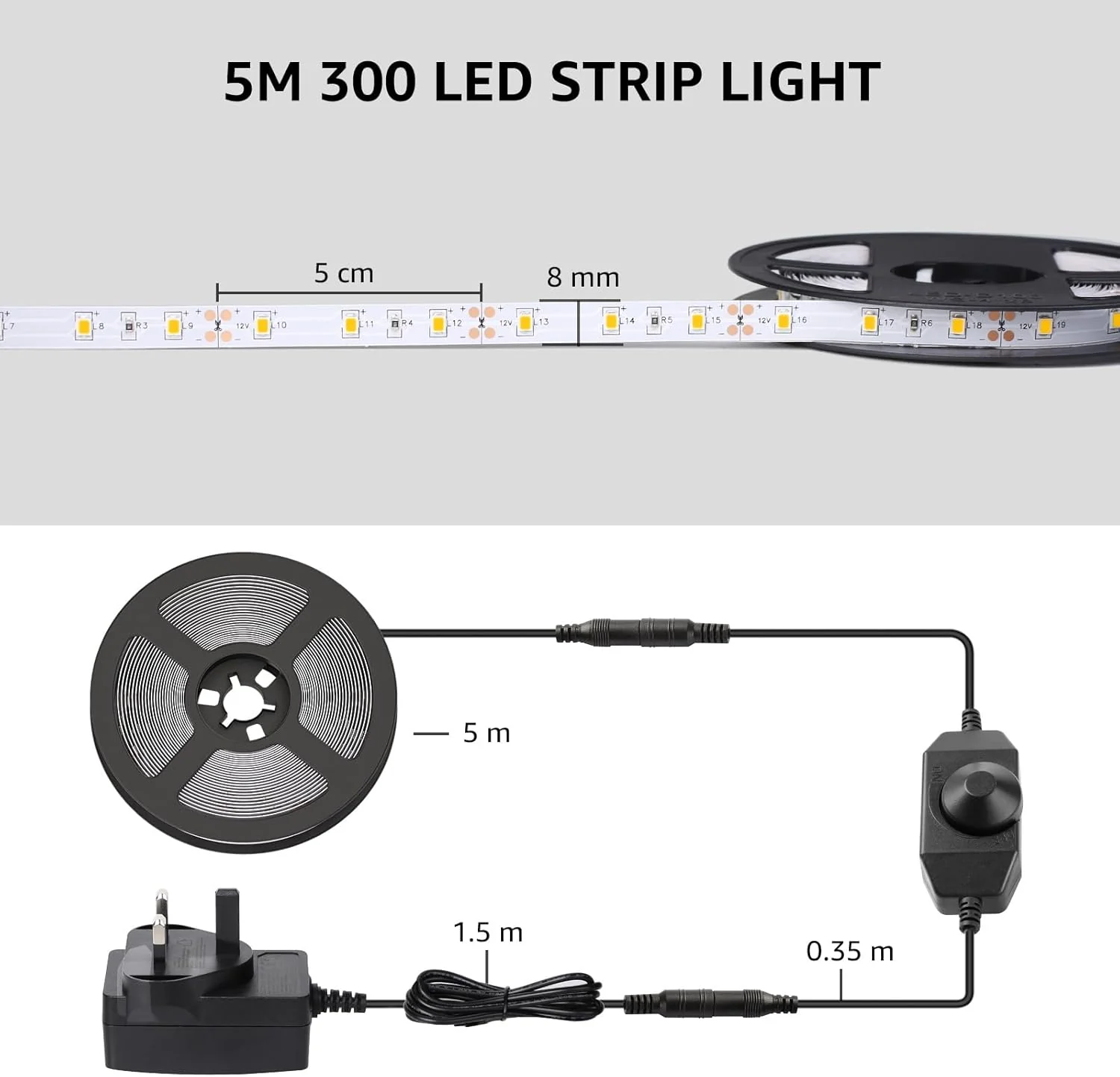 Lepro Warm White LED Strip Light 5M 300 LEDs, 1650lm Dimmable LED Tape Lights, 3000K Flexible LED Lights for Bedroom Kitchen Under Cabinet Wardrobe Stair (12V Power Plug and Dimmer Switch Included) - Image 4