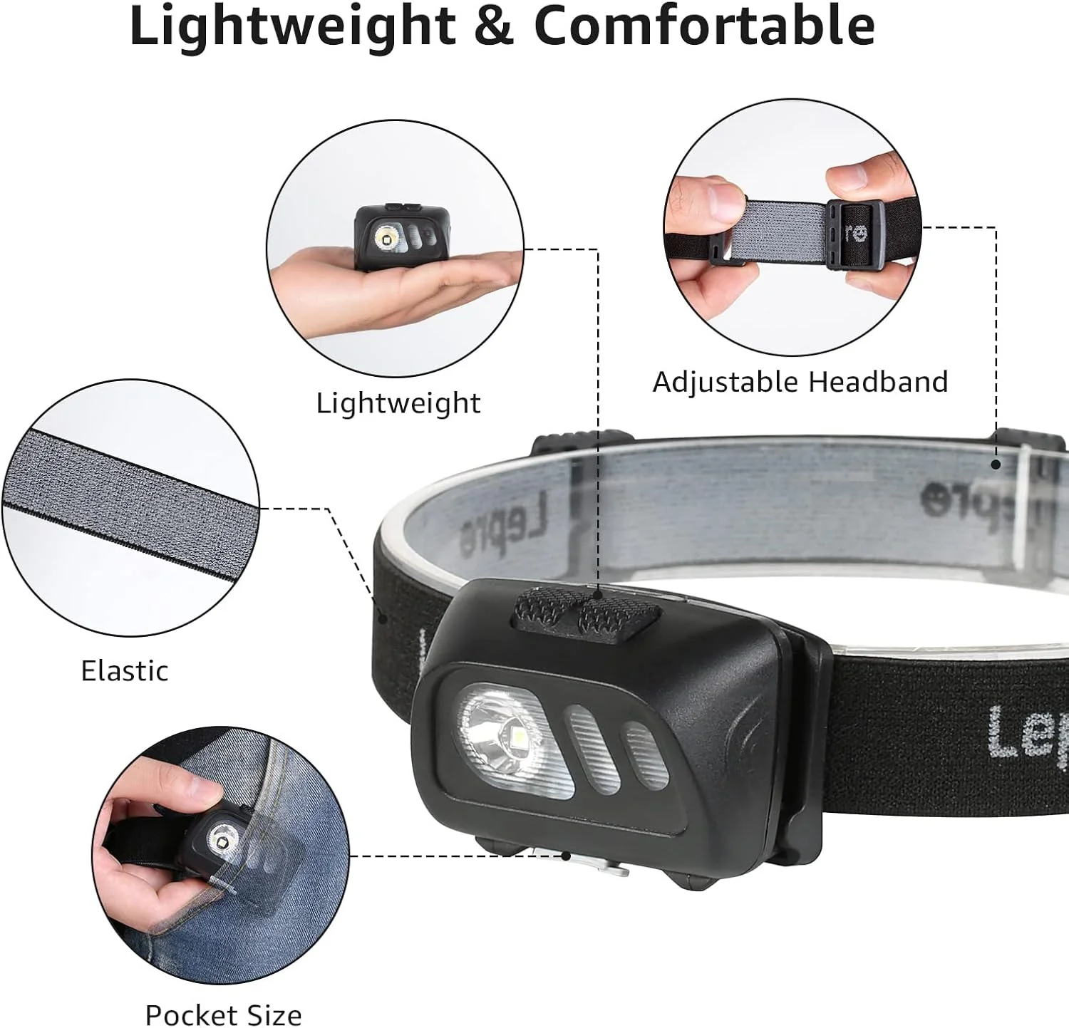 Lepro Head Torch, [2 Pack] Super Bright Led Rechargeable Headlamp with Motion Sensor, Long Runtime, 5 Lighting Modes, Red Lights, Waterproof Lightweight Headlight for Running Camping - Image 5