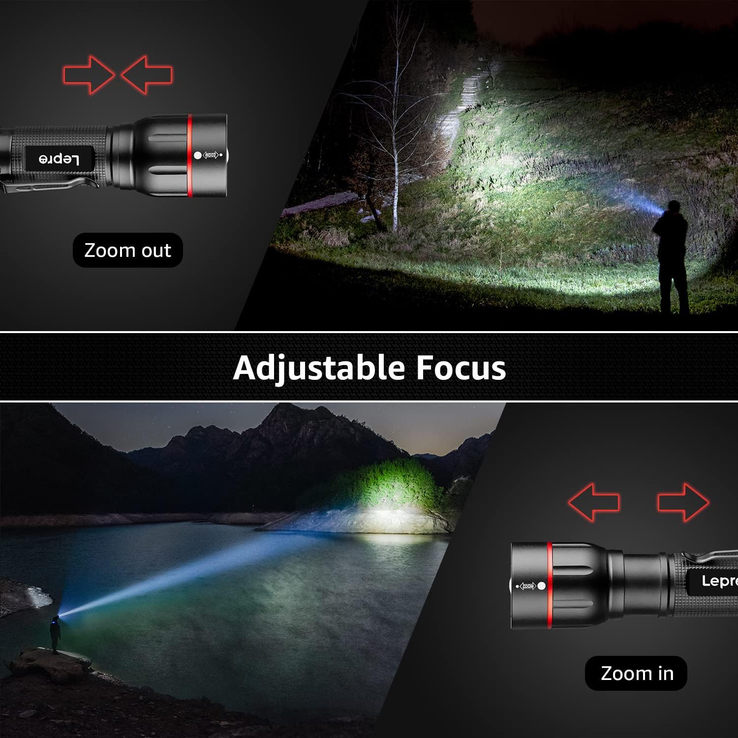 Lepro LED Torch with Clip, LE2050 Super Bright Flashlight, 5 Modes, Zoomable, Waterproof, Handheld, Lightweight, Powered AAA Battery, for Camping, Outdoor Indoor Emergency Use, Dog Walking, 2 Pack - Image 4