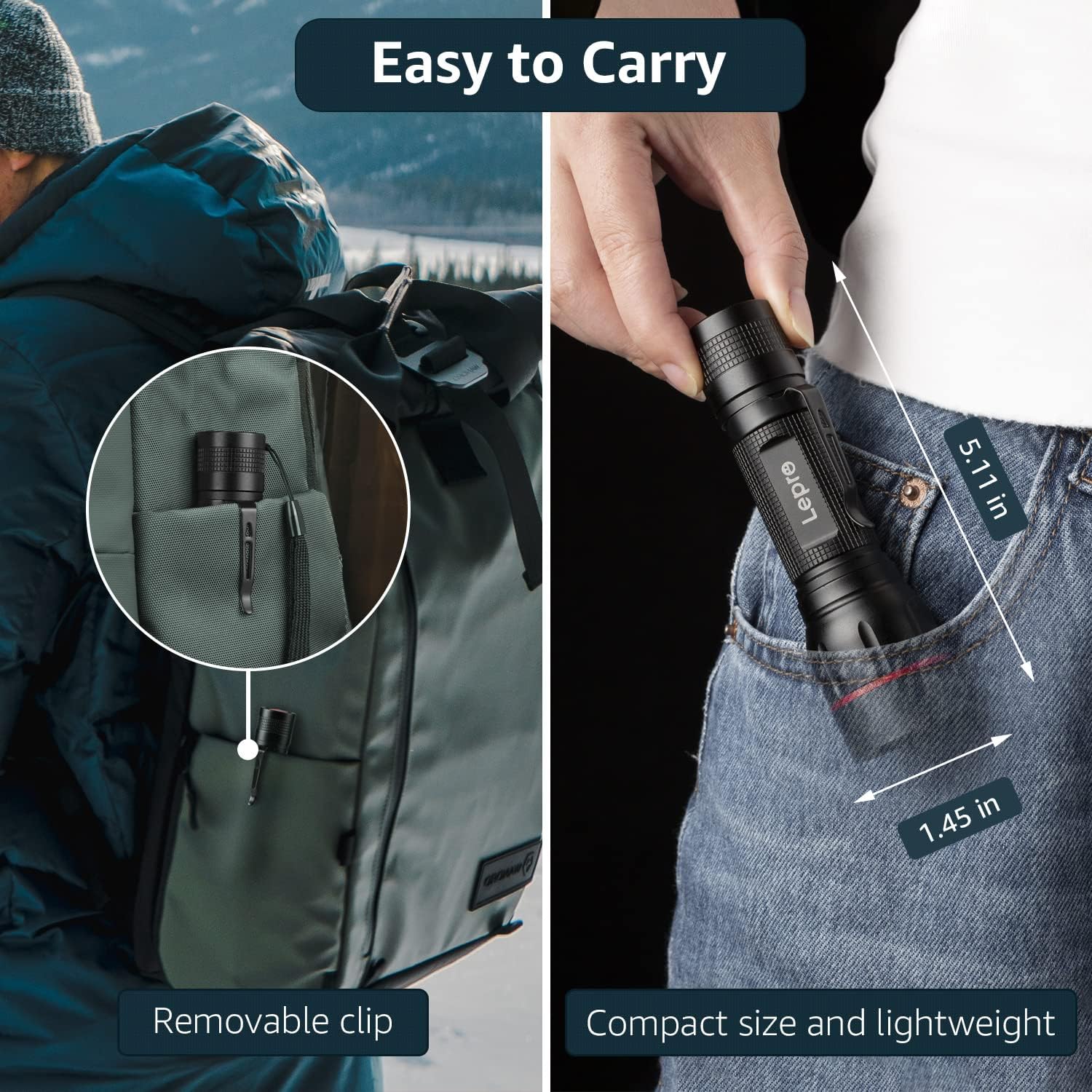 Lepro LED Torch with Clip, LE2050 Super Bright Flashlight, 5 Modes, Zoomable, Waterproof, Handheld, Lightweight, Powered AAA Battery, for Camping, Outdoor Indoor Emergency Use, Dog Walking, 2 Pack - Image 5