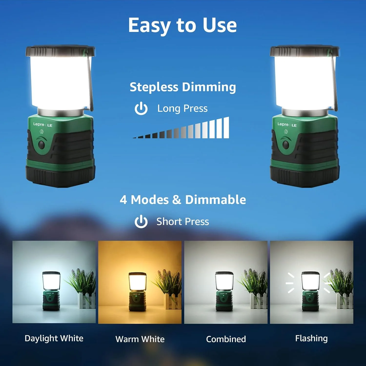 LE Camping Lights Rechargeable, 1000 Lumen Camping Lantern, Dimmable 4 Modes Camping Tent Light with 4400mAh Power Bank, Camping Accessories, Rechargeable Lantern for Outdoors, Power Cuts, Pack of 2 - Image 3