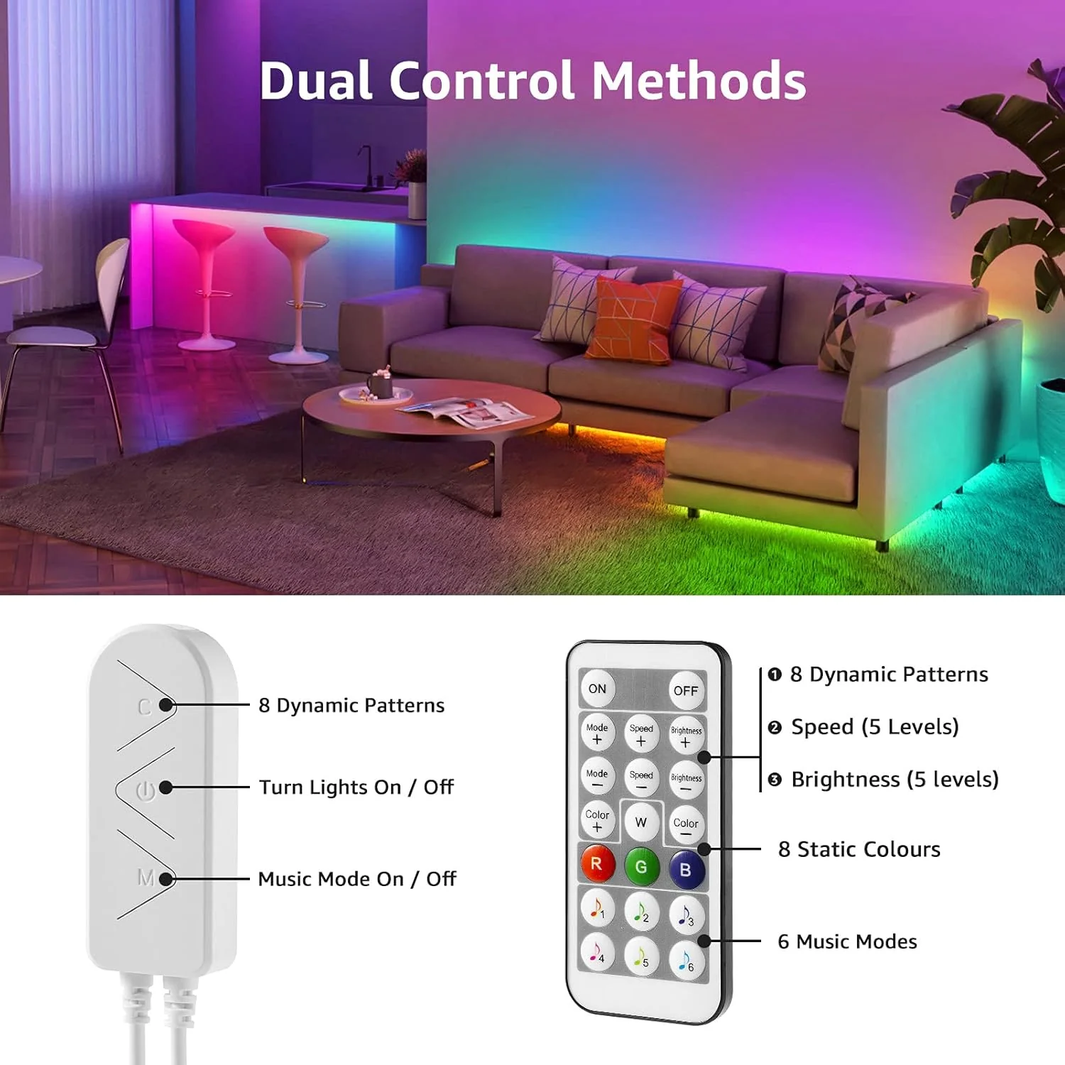 Lepro MagicColor LED Strip Light 20M (10Mx2) 600LEDs, Rainbow Chasing Lights, Music Sync, Multiple Colours on One Line, Remote Control LED Lights for Bedroom, Living Room, Bar, Gaming Time - Image 8