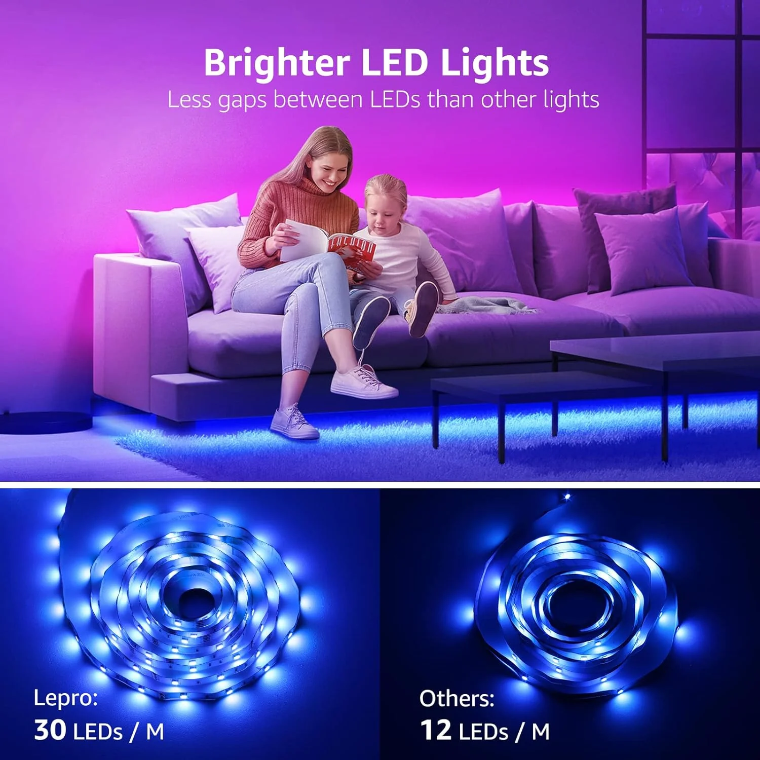Lepro LED Strip Lights Music Sync 20M (2x10M), 5050 RGB Colour Changing LED Strip with Remote and Plug, Dimmable Stick on LED Lights for Bedroom, Kitchen, Party, Teen Girl Kids Room Decor - Image 3
