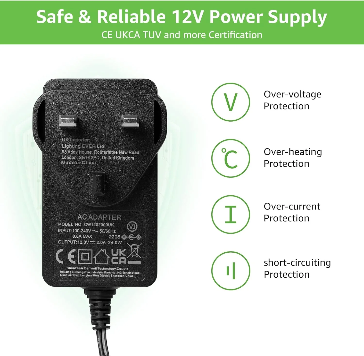 LE 12V 2A Power Supply for LED Strip Lights, AC 100-240V Mains to DC 12V Converter Adapter Driver Transformer, 24W UK Plug with 1.5M Cable, 5.5mm x 2.1mm Jack, GS TUV Approved - Image 2