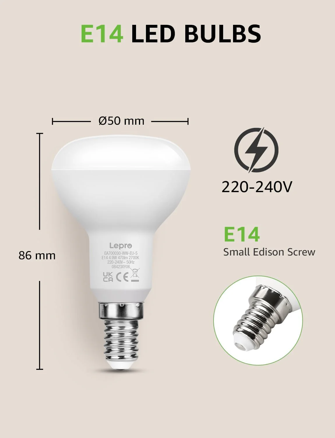 Lepro E14 LED Light Bulb, R50 Reflector Bulb Small Screw, 4.9W 470lm, 40W Equivalent E14 Bulb, Warm White 2700K, SES LED Spotlight Bulbs Screw Fitting, 120° Wide Angle, Non-dimmable, Pack of 5 - Image 6