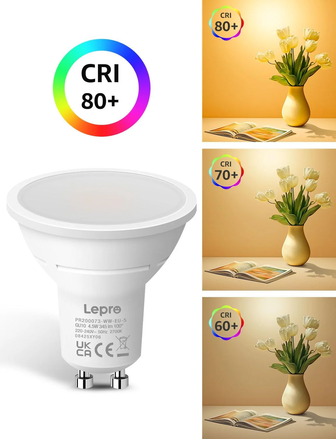 Lepro GU10 LED Bulbs Warm White, 4W 345lm 2700K, Energy Saving GU10 LED Light Bulbs, 50W Halogen Spotlight Equivalent, 100° Beam Angle, Non Dimmable, Pack of 5 - Image 7