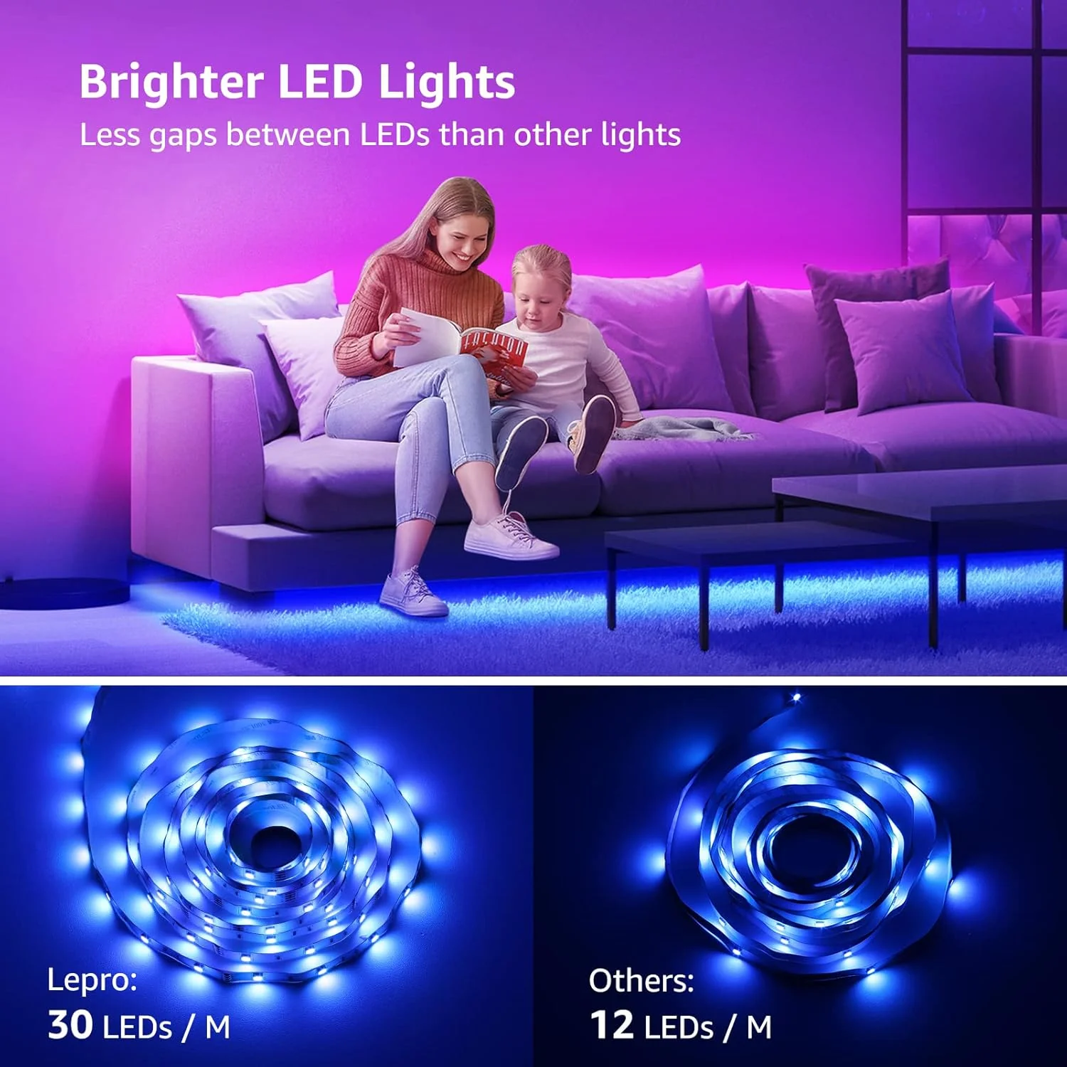 Lepro LED Strip Light 5M, Dimmable RGB LED Strips with Remote, Colour Changing Room Lights, Plug in LED Lights for Bedroom, Living Room, TV, Kitchen, Kids Room (5M, 150 Bright 5050 LEDs) - Image 2
