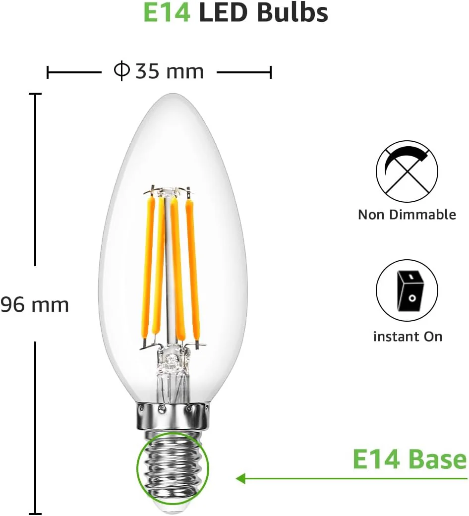 Lepro E14 LED Light Bulb, LED Candle Bulbs Small Screw, 4W 470lm, 40W Equivalent SES E14 Bulb Vintage, Warm White 2700K C35 LED Bulbs, 360° Beam Angle, Clear Filament, Non Dimmable, Pack of 6 - Image 4
