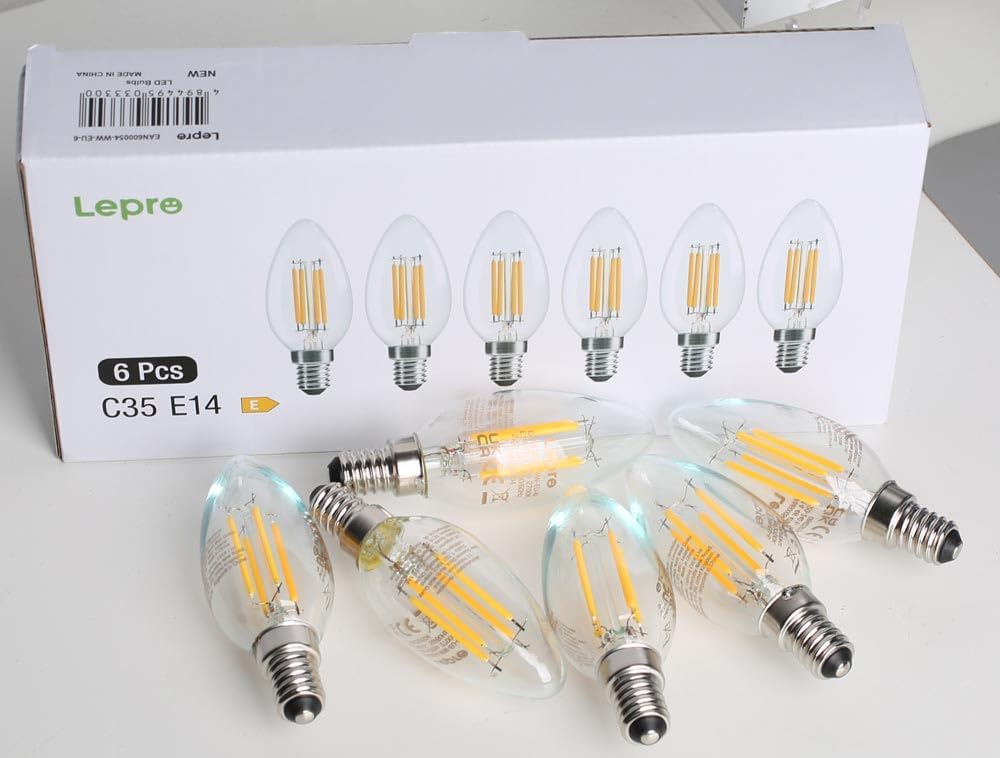 Lepro E14 LED Light Bulb, LED Candle Bulbs Small Screw, 4W 470lm, 40W Equivalent SES E14 Bulb Vintage, Warm White 2700K C35 LED Bulbs, 360° Beam Angle, Clear Filament, Non Dimmable, Pack of 6 - Image 9