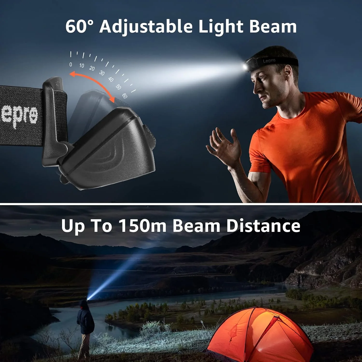 Lepro Head Torch, Super Bright Led Rechargeable Headlamp with Motion Sensor, Long Runtime, 5 Lighting Modes, Red Warning Lights, Waterproof Lightweight Headlight for Running Camping - Image 6