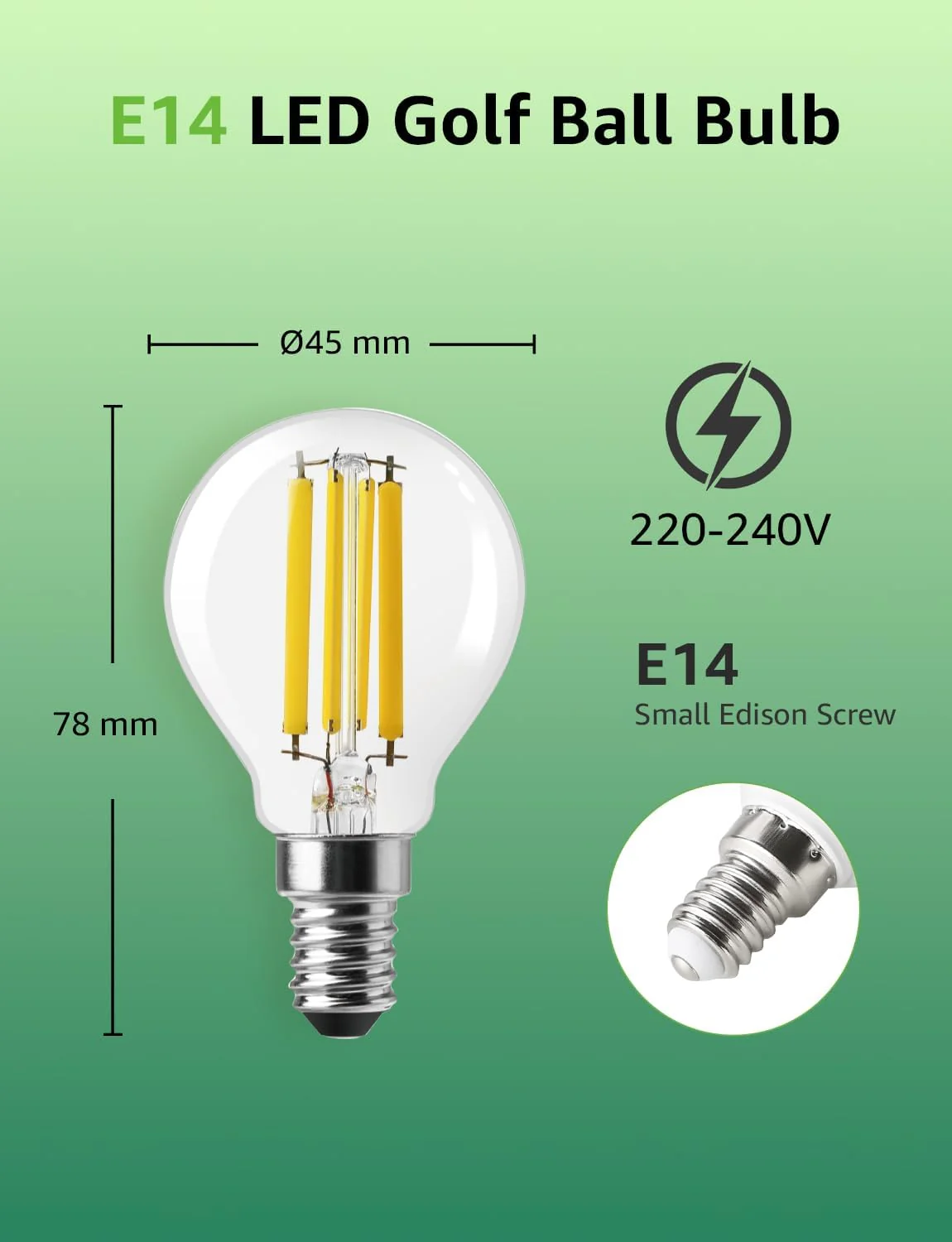 Lepro E14 Golf Ball Bulb Vintage, Ultra Efficient A-Rated, 2.2W = 40W, 470lm, Warm White 2700K, 50000H Lifespan, Small Edison Screw SES Bulb, Clear Filament, Glass, Pack of 2 - Image 4