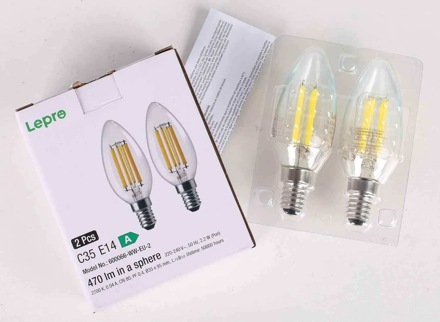 Lepro E14 LED Candle Bulb, Ultra Efficient A-Rated, 2.2W = 40W, 470lm, Warm White 2700K, 50000H Lifespan, SES Small Edison Screw, Clear Glass Vintage Filament Bulb, Pack of 2 - Image 9