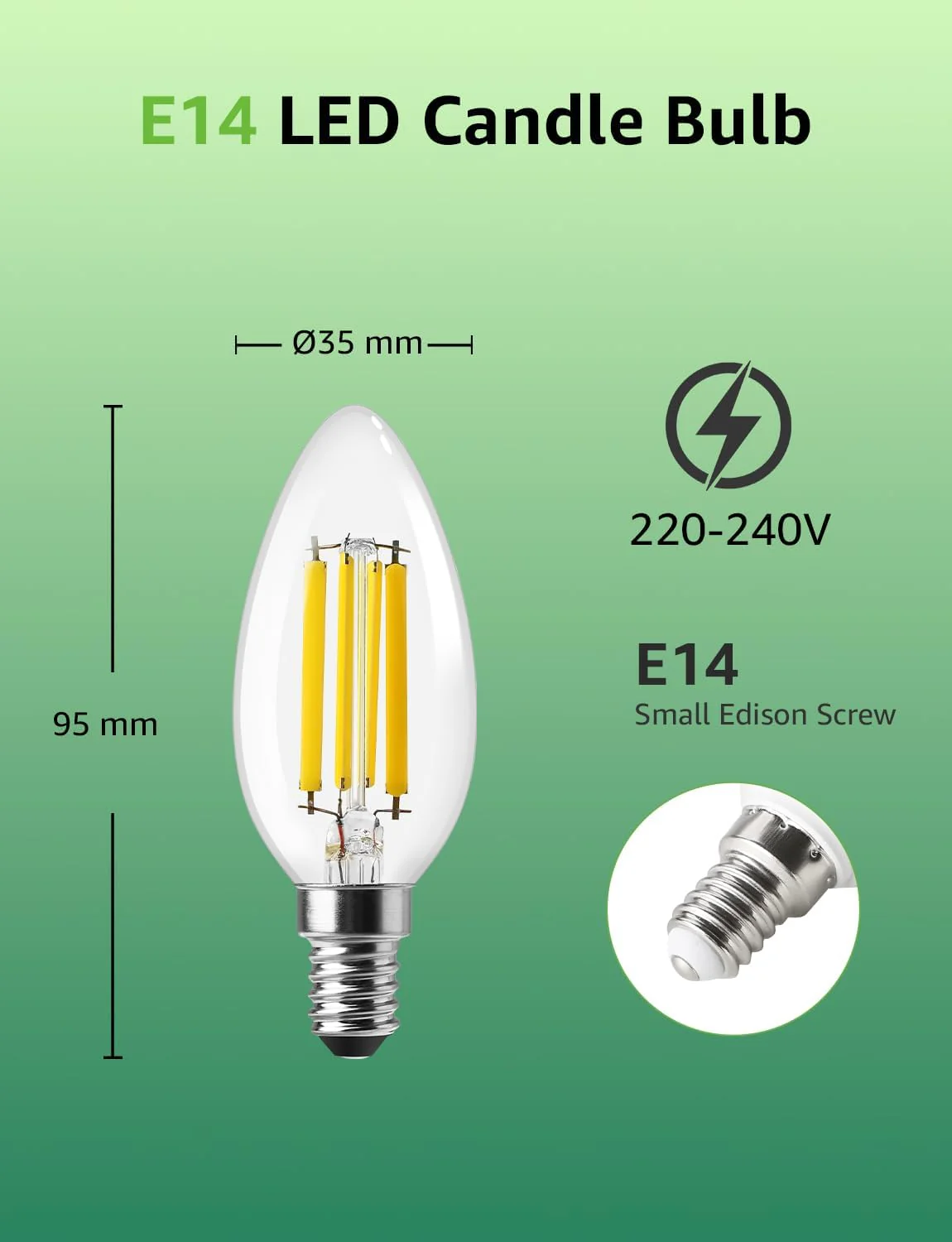 Lepro E14 LED Candle Bulb, Ultra Efficient A-Rated, 2.2W = 40W, 470lm, Warm White 2700K, 50000H Lifespan, SES Small Edison Screw, Clear Glass Vintage Filament Bulb, Pack of 4 - Image 4