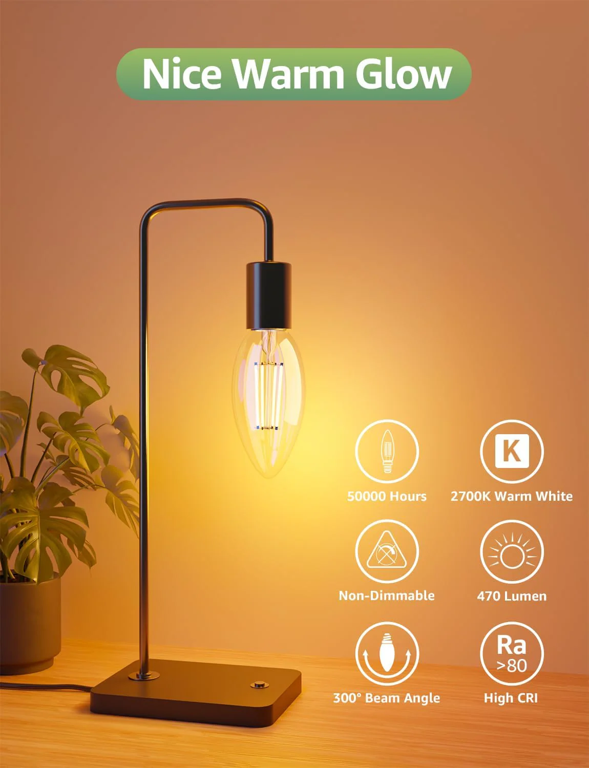 Lepro E14 LED Candle Bulb, Ultra Efficient A-Rated, 2.2W = 40W, 470lm, Warm White 2700K, 50000H Lifespan, SES Small Edison Screw, Clear Glass Vintage Filament Bulb, Pack of 4 - Image 5