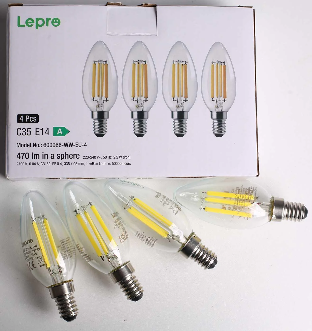 Lepro E14 LED Candle Bulb, Ultra Efficient A-Rated, 2.2W = 40W, 470lm, Warm White 2700K, 50000H Lifespan, SES Small Edison Screw, Clear Glass Vintage Filament Bulb, Pack of 4 - Image 9