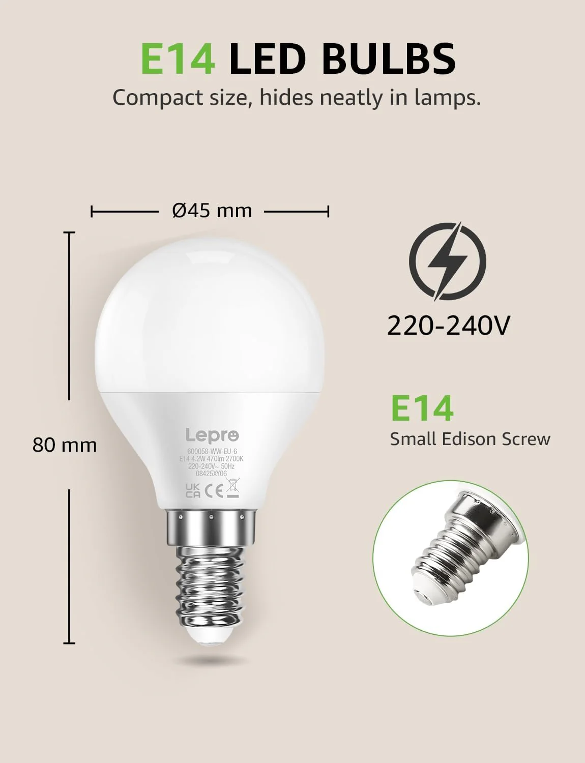 Lepro E14 LED Light Bulb, Small Screw Light Bulb, 4.9W 470lm, 40W Equivalent SES E14 Bulb, Warm White 2700K E14 Golf Ball Bulb, Energy Saving LED P45 Bulb, 220-240V, Non-Dimmable, Pack of 6 - Image 5
