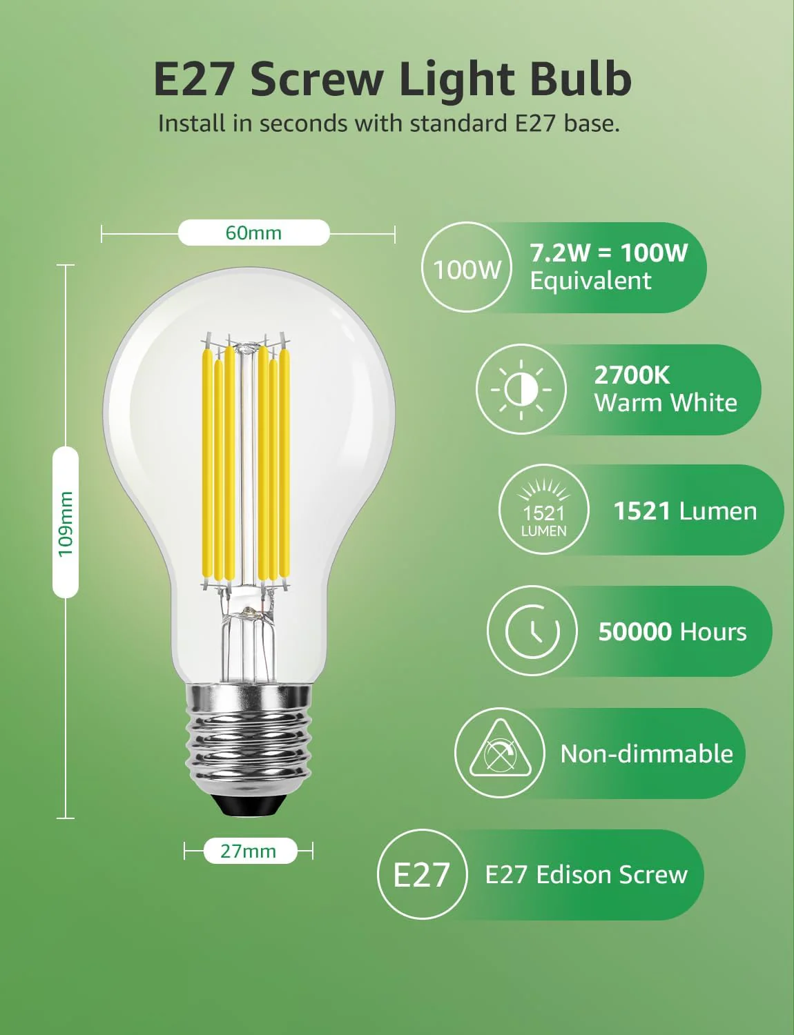 Lepro E27 Screw Bulb Vintage, Ultra Efficient A-Rated GLS Bulb, 7.2W = 100W, 1521lm, 2700K Warm White, 50000H Lifespan, Clear Filament, Glass, Non-dimmable, Pack of 2 - Image 4