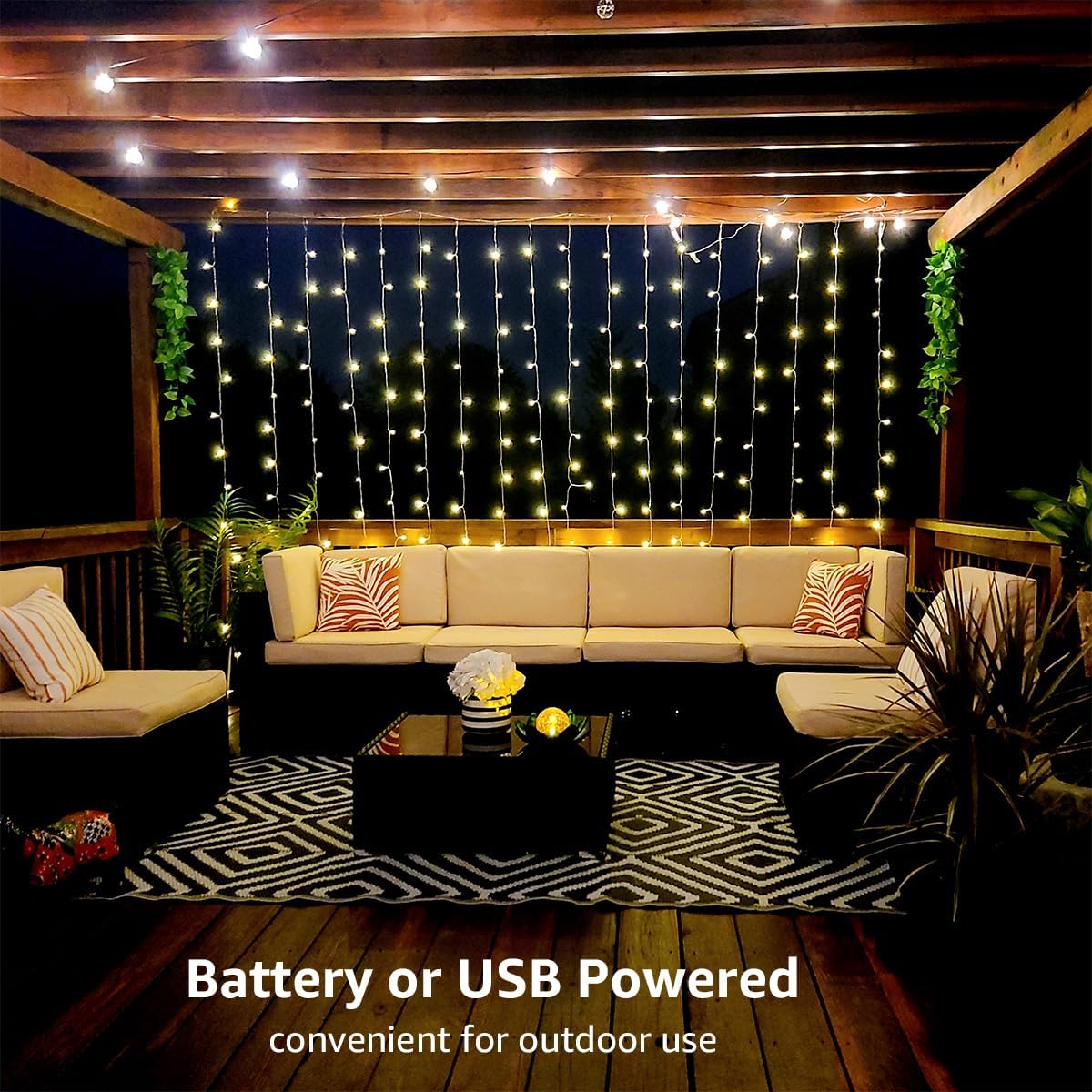 LE Curtain Lights Battery Powered, 3m x 3m 300 LED Warm White Fairy Curtain Lights, USB Powered 8 Modes Curtain Fairy Lights for Birthday Decorations, Wedding, Party, Garden, Bedroom, Remote Control - Image 2