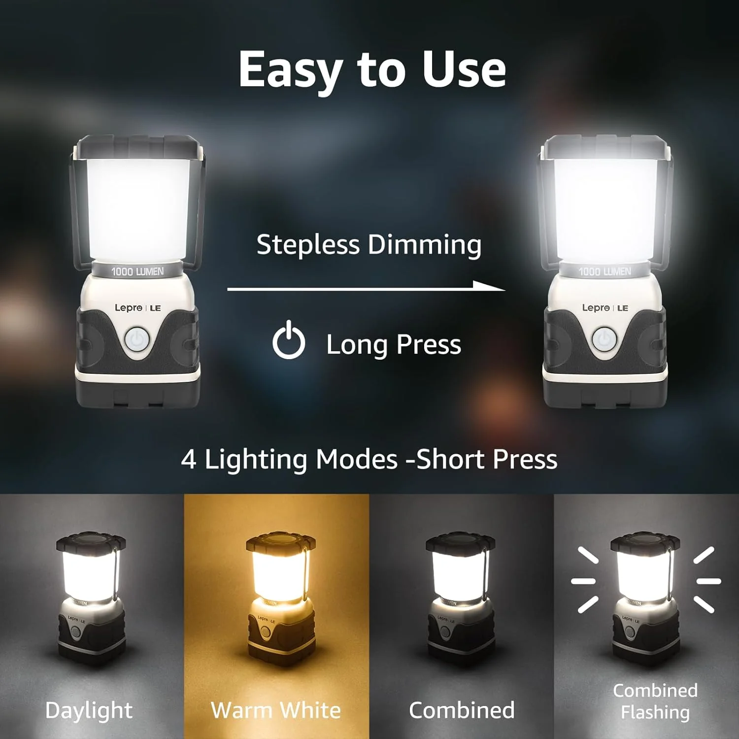 LE Camping Lantern, 1000 Lumen Camping Lights Battery Powered, Dimmable Warm White and Daylight Modes, Battery Lantern for Power Cuts, Emergency Lighting, Suit for Hiking, Fishing, Tents, etc. - Image 3