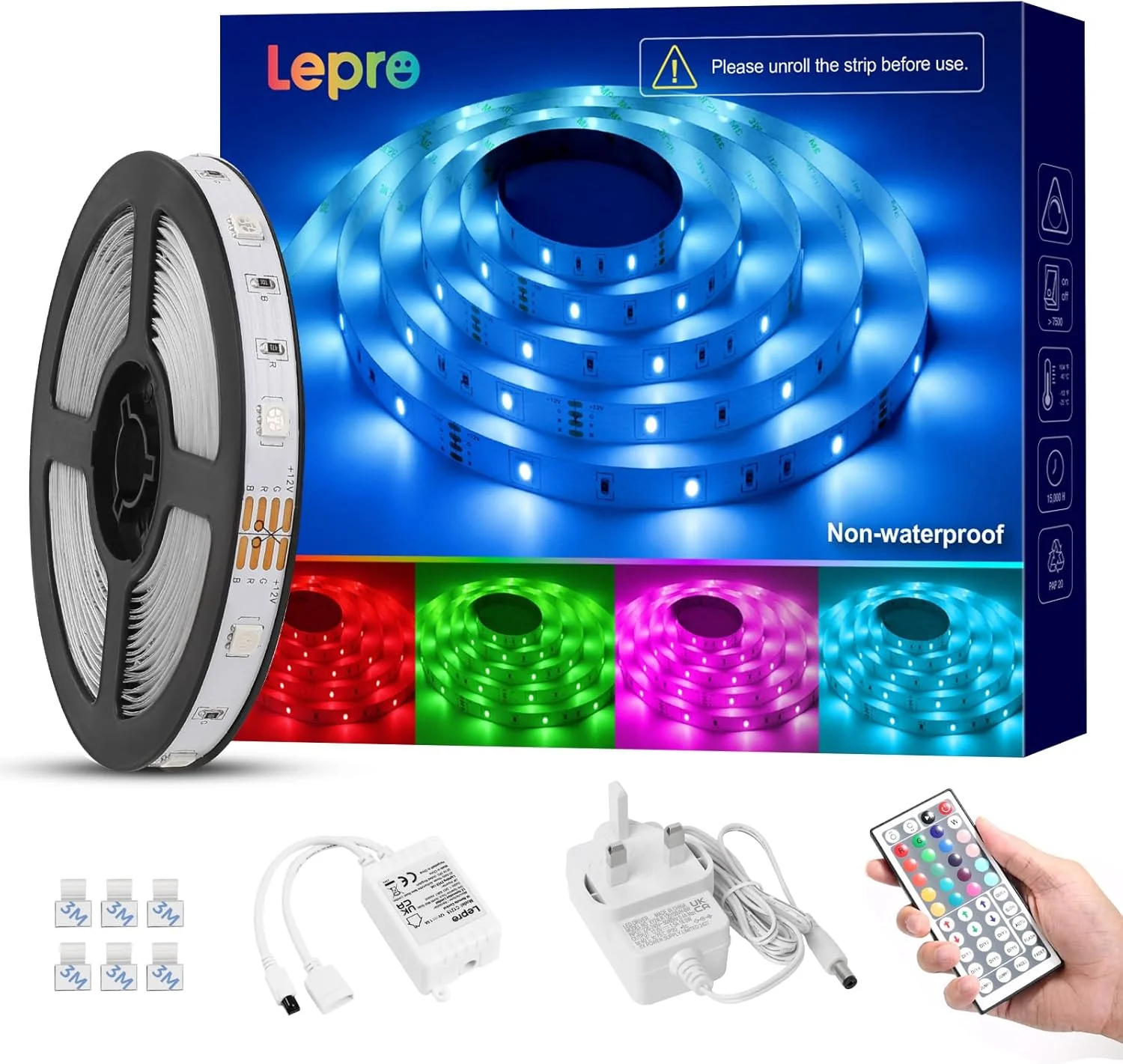 Lepro LED Strip Lights 15M (2x7.5M), RGB Colour Changing LED Strip with 44-Key Remote and 12V Power Plug, Stick-on LED Lights for Bedroom Home Decoration (450 Bright 5050 LED) - Image 9