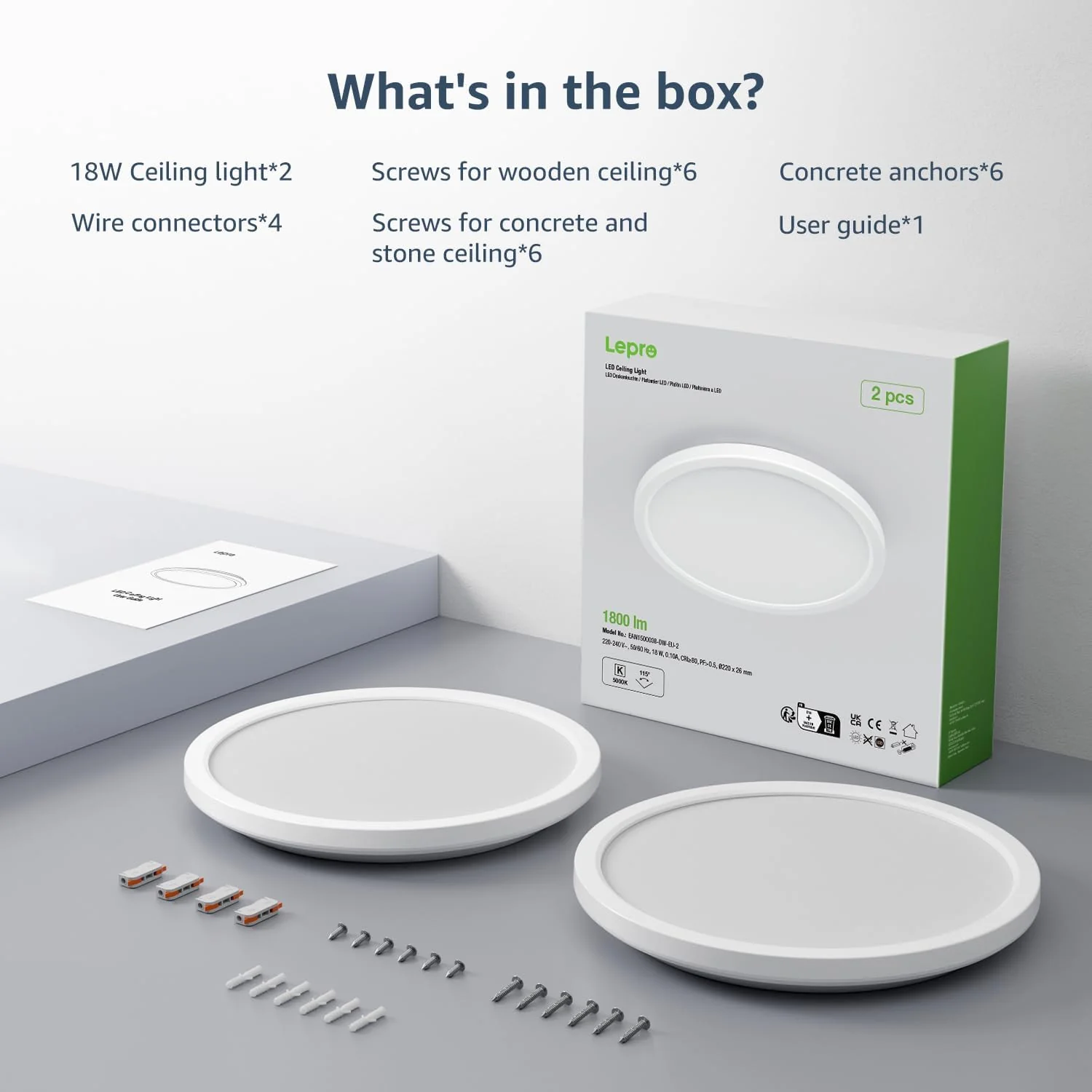 Lepro 2 Pack of Bathroom Lights, 18W 1800lm LED Ceiling Light, Waterproof IP44, 2.6cm Ultra-Thin, 5000K, Round, Flush Ceiling Lighting for Bathroom, Kitchen, Bedroom, Hallway, Utility Room, Ø22cm - Image 9