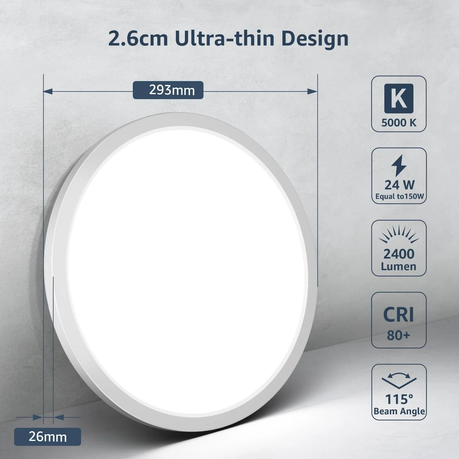 Lepro 24W 2400lm Ceiling Light, 29.3cm Large LED Bathroom Light, 2.6cm Ultra-Thin, Waterproof, Daylight White 5000K, Flush Ceiling Light for Living Room, Bedroom, Kitchen, Garage and More, 2 Packs - Image 2