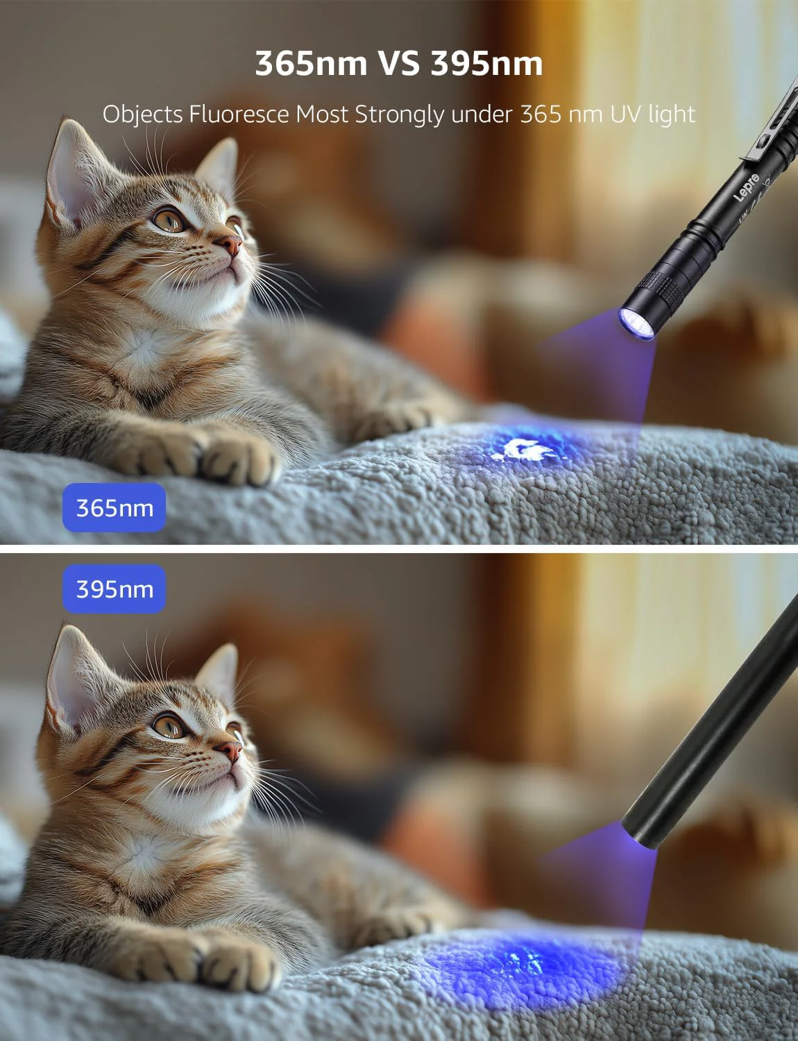 Lepro 365nm UV Torch, Ultraviolet Flashlight, Pen Torch with Clip, High UV Purity, Small Ultraviolet Light Powered by 2 AAA Batteries (Not Included), Black Light Detector for Pet Urine,Invisible Stain - Image 2
