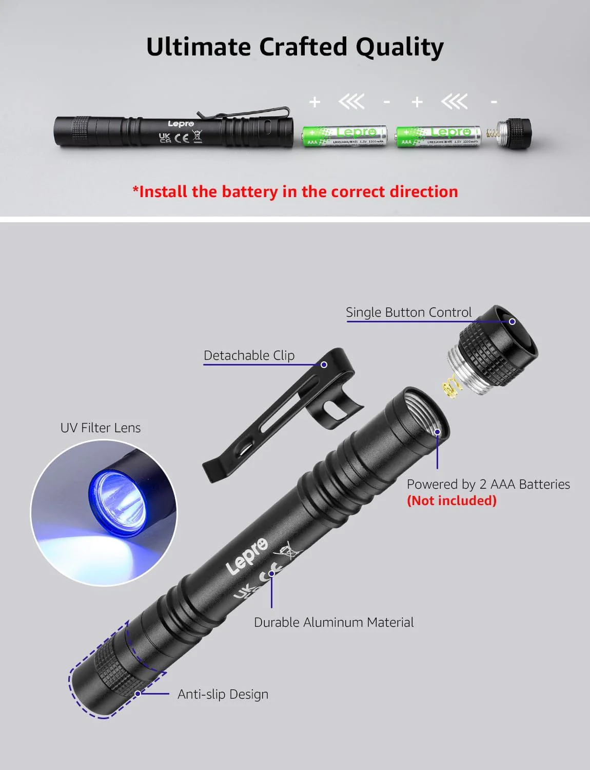 Lepro 365nm UV Torch, Ultraviolet Flashlight, UV Pen Torch with Clip, High UV Purity, Small UV Light Torch Powered by 2 AAA Batteries (Not Included),Black Light Detector for Pet Urine, Invisible Stain - Image 4