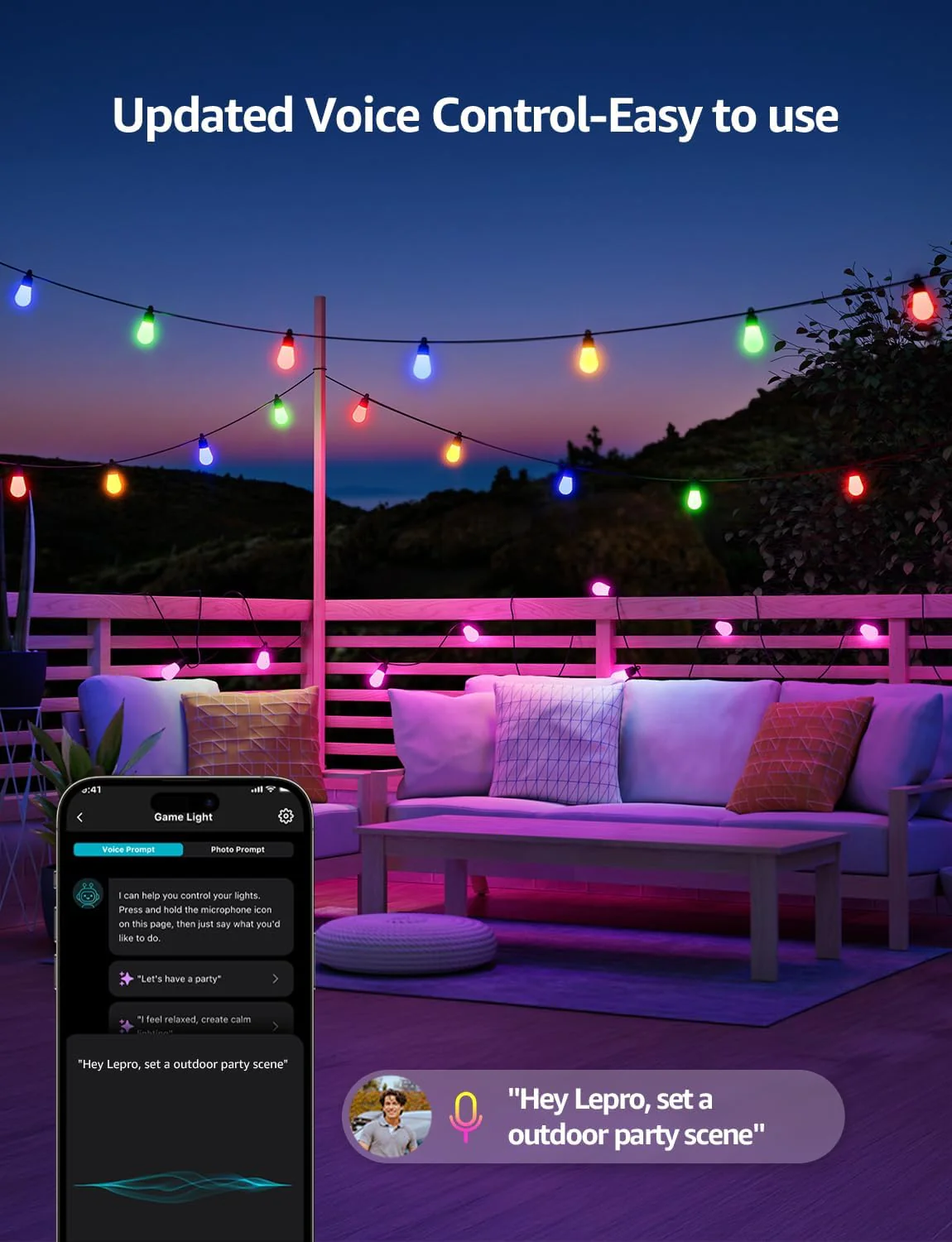 Lepro AI Smart Outdoor String Lights 15m, Festoon Lights Outdoor Waterproof IP65, Warm White & RGB Colour Changing, Personalized AI Lighting Designer, Works with Alexa & Google, 2.4G WiFi - Image 6