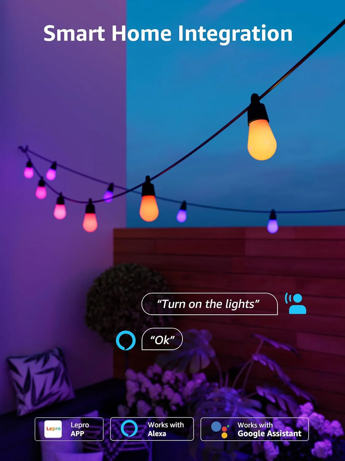 Lepro AI Smart Outdoor String Lights 30m, Festoon Lights Outdoor Waterproof IP65, Warm White & RGB Colour Changing, Personalized AI Lighting Designer, Works with Alexa & Google, 2.4G WiFi - Image 3