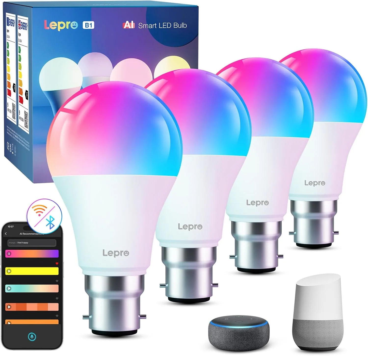 Lepro B1 AI Smart Bulb Bayonet, Music Sync B22 WiFi Bulbs, Voice Control, AI Lighting Design Assistant, Bluetooth Colour Changing Light Bulb,Work with Alexa & Google Assistant,RGBCCT Dimmable,4 Packs