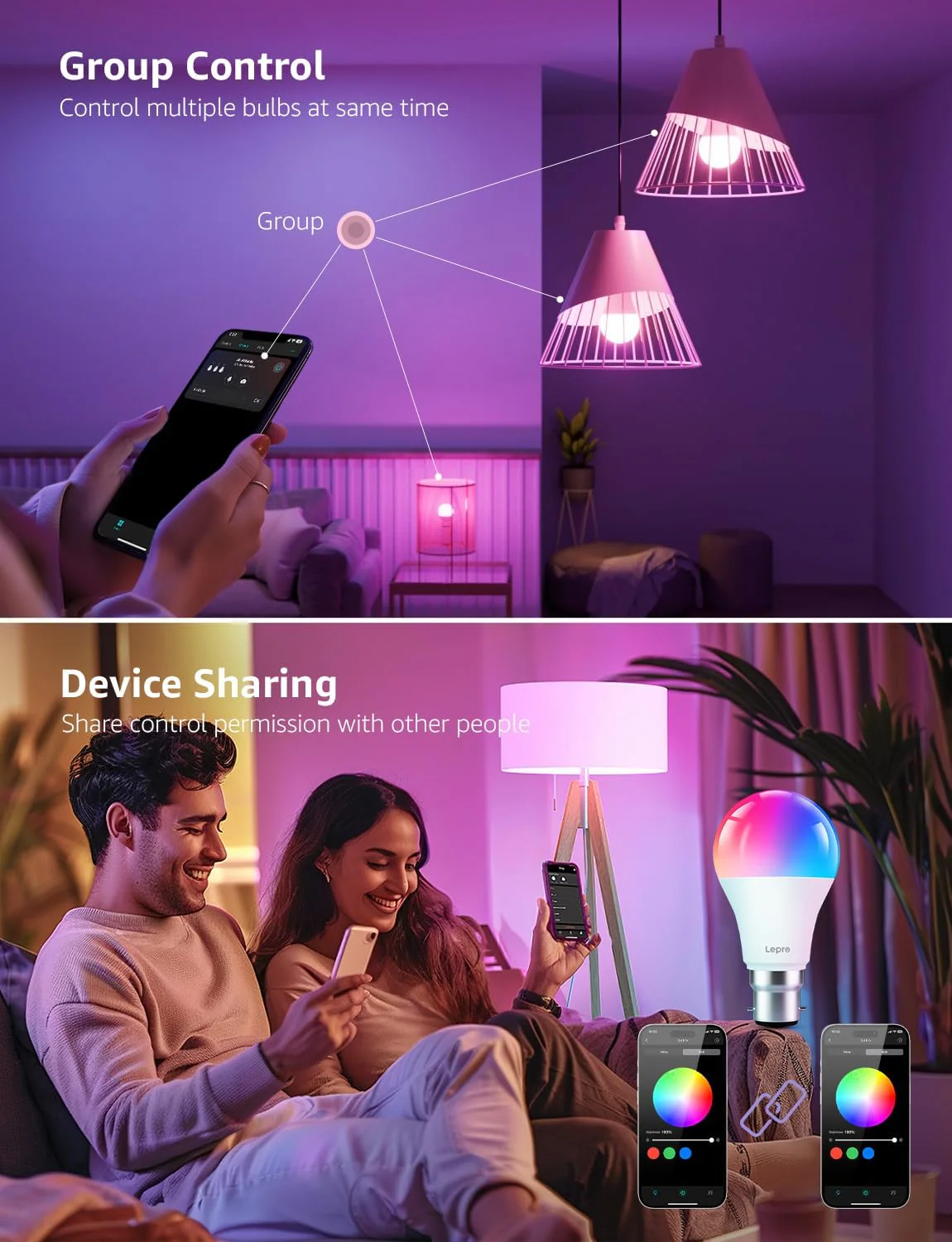 Lepro B2 AI Smart Bulb Bayonet, 1100lm WiFi Bulb B22, Music Sync Colour Changing Light Bulbs, Voice Control, AI Lighting Design Assistant, Works with Alexa & Google Assistant, RGB Dimmable,2 Packs - Image 9