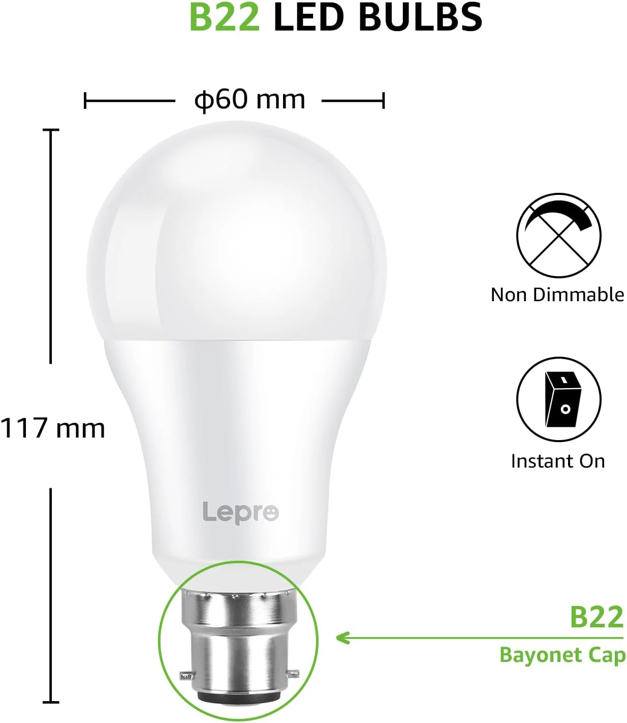 Lepro Bayonet Light Bulbs 100W Equivalent, Cool White 6500K, 13W 1520lm Super Bright LED Bayonet Bulb, Daylight B22 LED Bulbs, BC GLS Energy Saving Lightbulbs Bayonet, Non-dimmable, Pack of 12 - Image 6