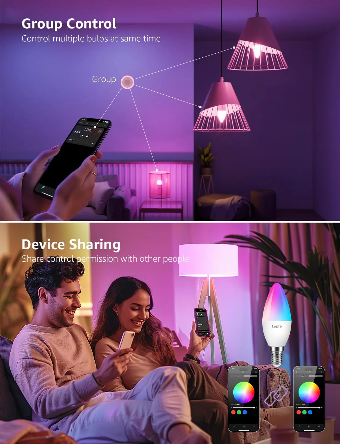 Lepro BC1 AI Smart Bulb E14, Music Sync Bluetooth & WiFi Bulb, Voice Control Small Screw Bulb, AI Lighting Design Assistant, Color Changing Candle Bulb, Work with Alexa & Google Assistant, 2 Packs - Image 7