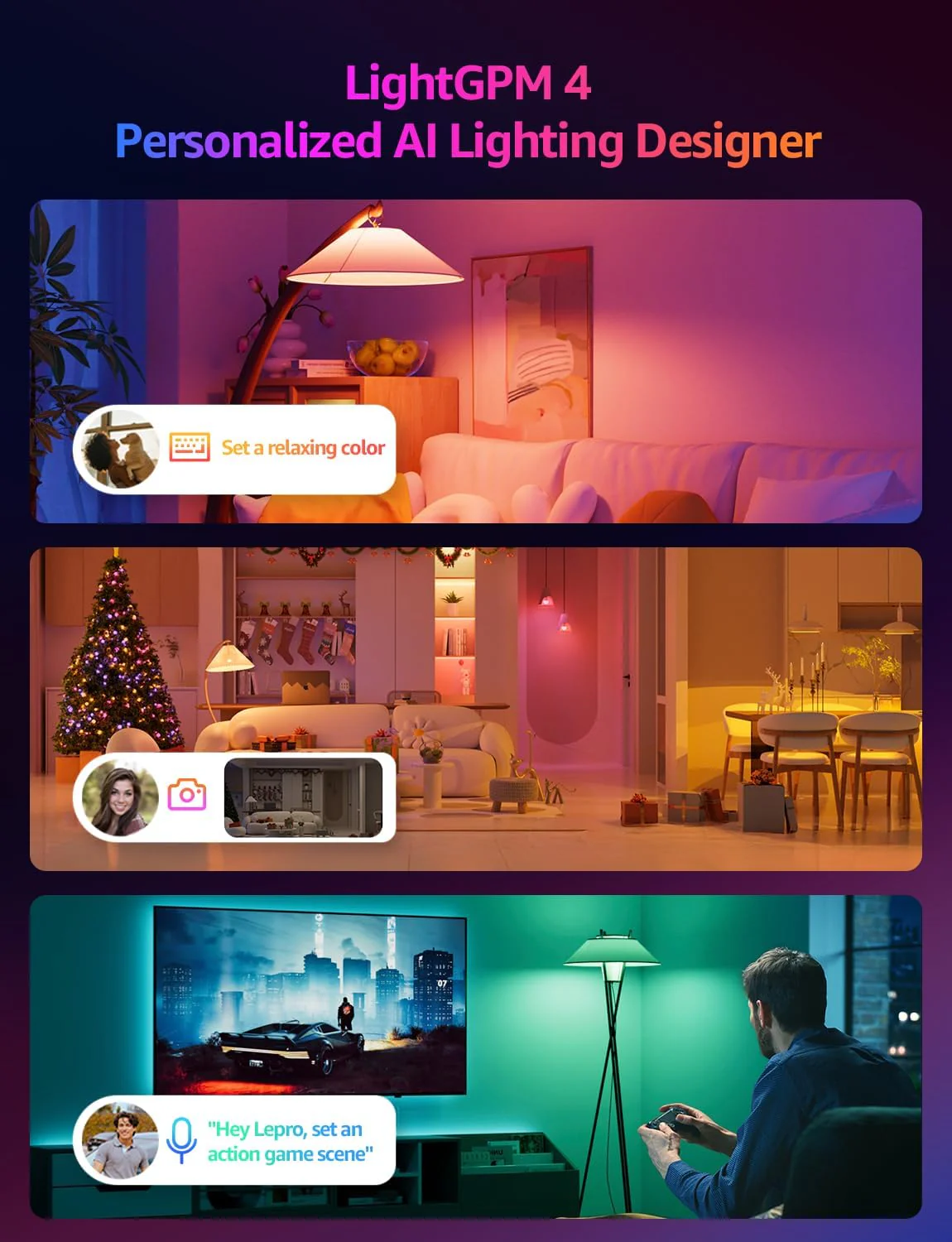 Lepro BP1 AI Smart Bulb E14, Voice Control Bluetooth & WiFi Bulb, Music Sync Small Screw Bulb, Colour Changing Light Bulb, LLM AI Lighting Design Assistant, Work with Alexa & Google Assistant, 4 Packs - Image 2