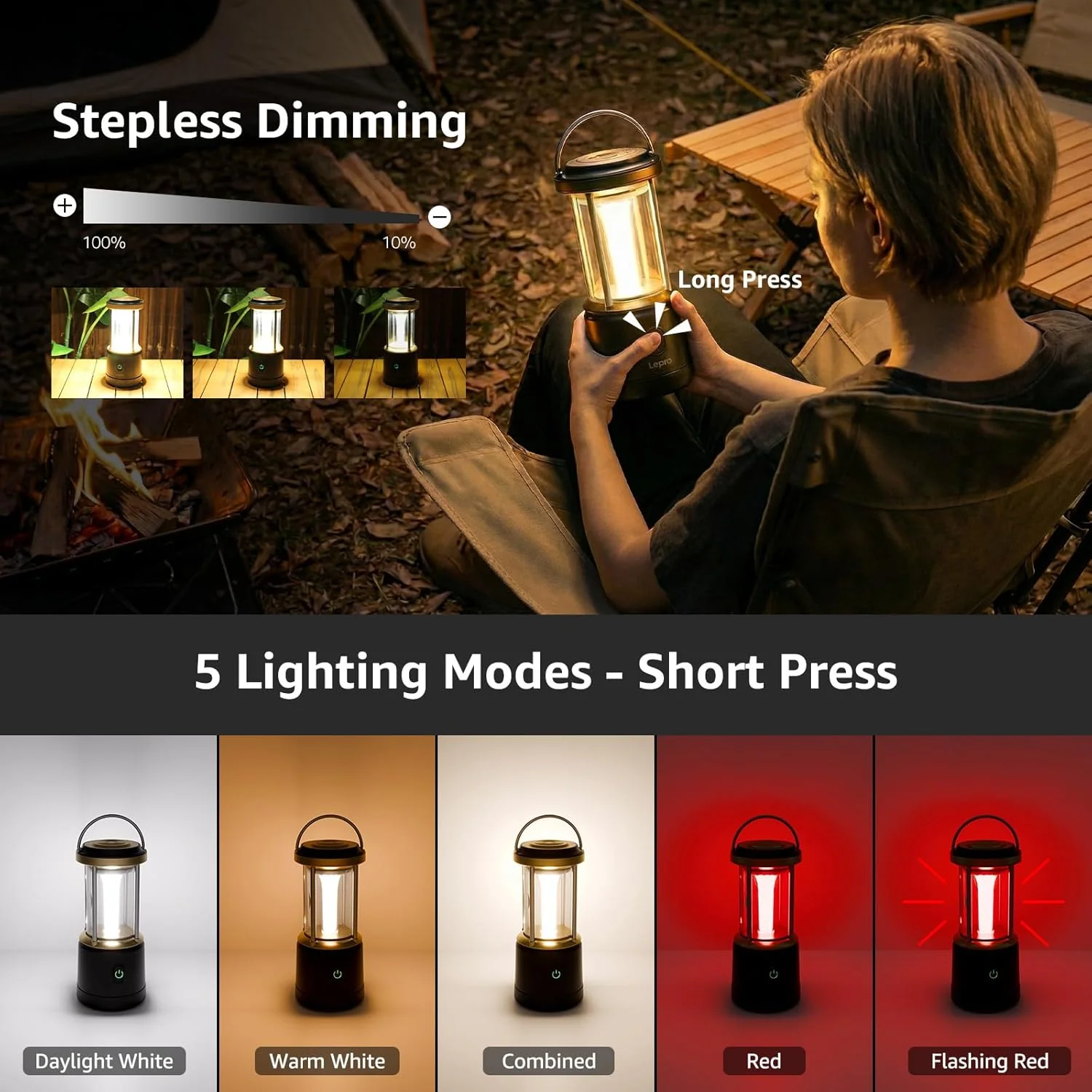 Lepro Camping Lantern, 1100 Lumen Camping Light Battery Powered, Dimmable 5 Modes, Warm White & Cool Light, AA Battery Lantern for Power Cuts, Tents, Fishing, Emergency (AA Batteries Not Included) - Image 2