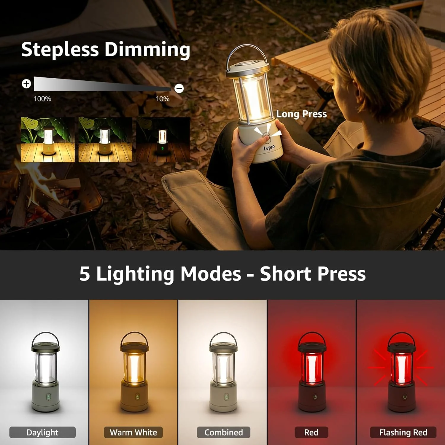 Lepro White Camping Lantern, 2000 Lumen Camping Light Reachargeable or AA Battery Powered, Dimmable 5 Modes, Warm White & Cool Light, Rechargeable Lantern for Power Cuts, Tents, Fishing, Storm, Emergency - Image 2