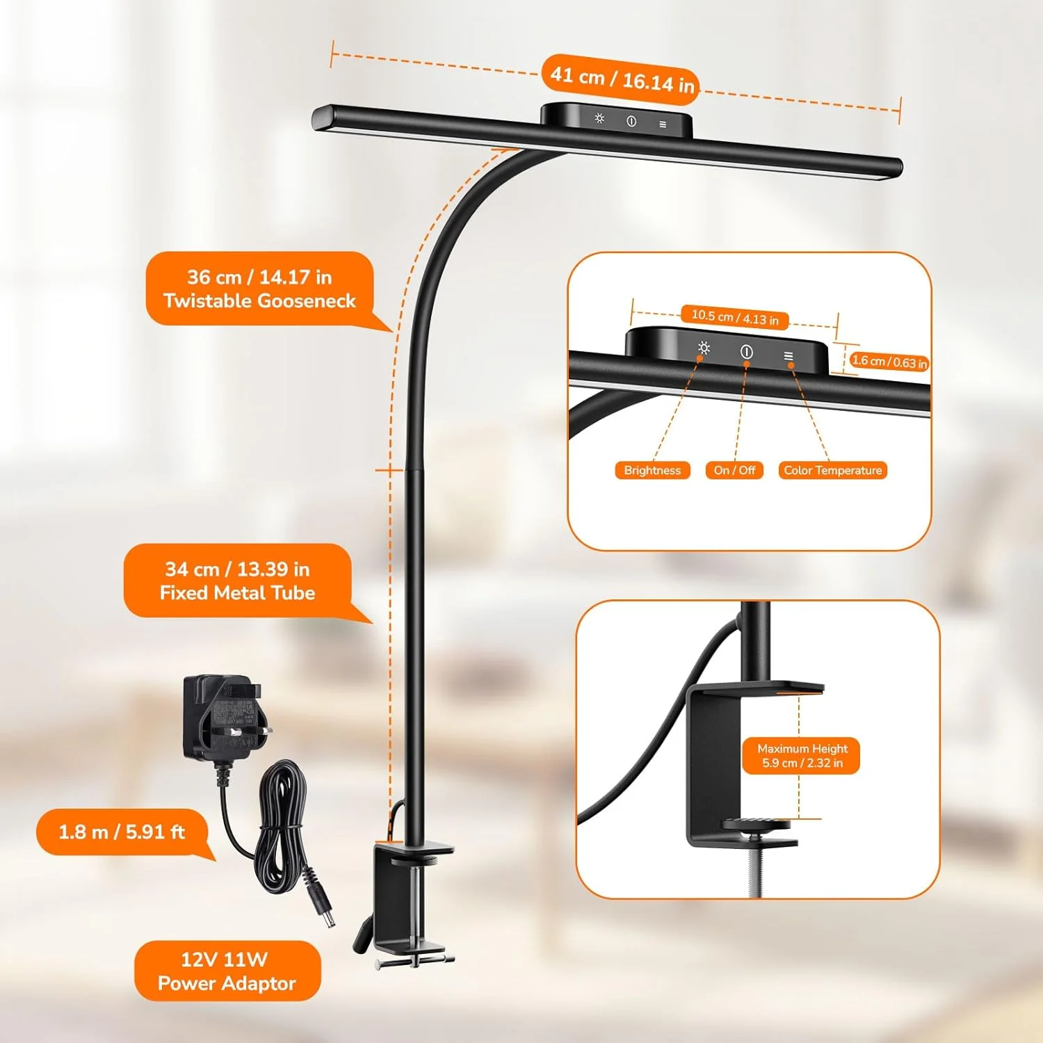 Lepro Desk Lamp Clamp, 700lm Bright LED Desk Light, 5 Colour Modes & 5 Brightness Levels, Eye-Caring, Dimmable, Flexible Office Lamp for Monitor, Reading, Crafts, Nails, School, Adapter Included - Image 6