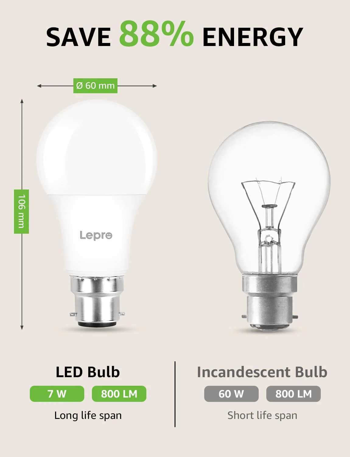 Lepro Dimmable Bayonet Light Bulb, 60W Equivalent, Warm White 2700K, 8.5W 806lm Light Bulbs Bayonet, BC A60 GLS Energy Saving B22 LED Bulb, Pack of 6 - Image 4