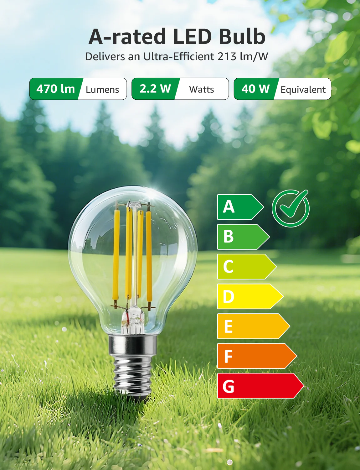 Lepro E14 LED Light Bulb A-Rated, Warm White 2700K, Ultra-efficient E14 Golf Ball Bulb P45 G45, 2.2W = 40W, 470lm, 50000H Lifespan, Small Edison Screw SES, Clear Filament, Vintage Glass[Energy Class A] - Image 3