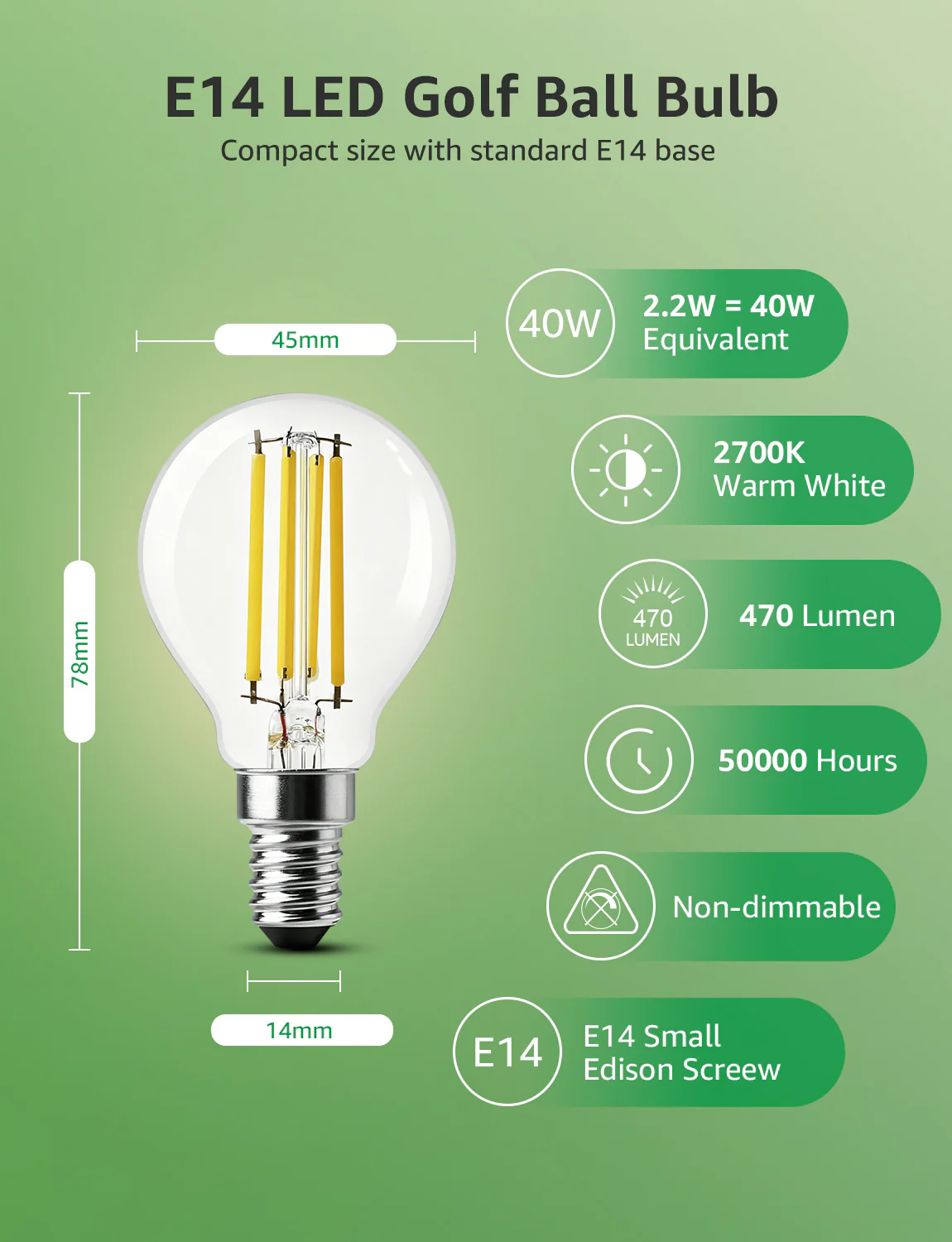 Lepro E14 LED Light Bulb A-Rated, Warm White 2700K, Ultra-efficient E14 Golf Ball Bulb P45 G45, 2.2W = 40W, 470lm, 50000H Lifespan, Small Edison Screw SES, Clear Filament, Vintage Glass[Energy Class A] - Image 5