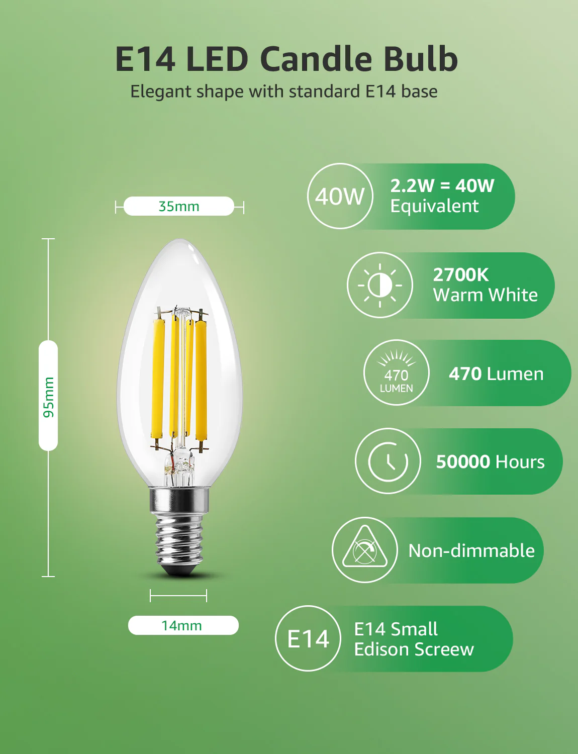 Lepro E14 LED Light Bulb A-Rated, Warm White 2700K, Ultra-efficient E14 Candle Bulb C35, 2.2W = 40W, 470lm, 50000H Lifespan, Small Edison Screw SES, Clear Filament, Glass, Non-dimmable [Energy Class A] - Image 5