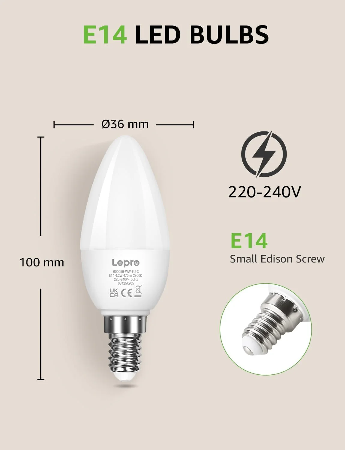 Lepro E14 LED Light Bulb, Small Edison Screw SES Candle Bulbs, 4.9W 470lm, 40W Equivalent E14 Bulb, Warm White 2700K E14 LED Bulb, Energy Saving Candle Light Bulbs, Non-dimmable, Pack of 3 - Image 4