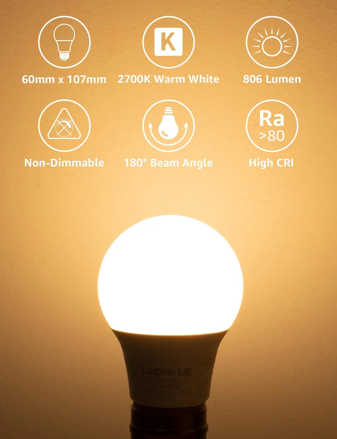 Lepro E27 Screw Bulbs 60W Equivalent, Warm White 2700K E27 LED Bulb, 8.5W 806lm Edison Screw ES LED Light Bulb, Energy Saving E27 Bulbs for Lamp, Non-dimmable, Pack of 3 - Image 2