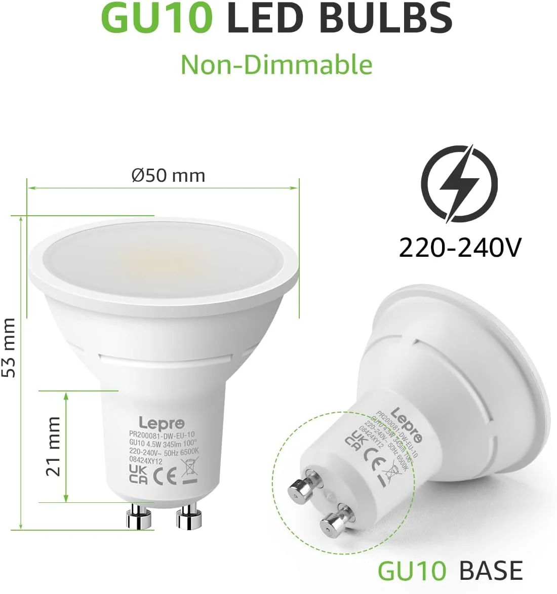 Lepro GU10 LED Bulbs, Cool White 6500K, 4.5W 345lm Daylight Led Bulbs, No Flickering, 50W Halogen Bulb Equivalent, Non-dimmable Energy Saving Light Bulbs, 100° Wide Beam, 10 Packs - Image 4