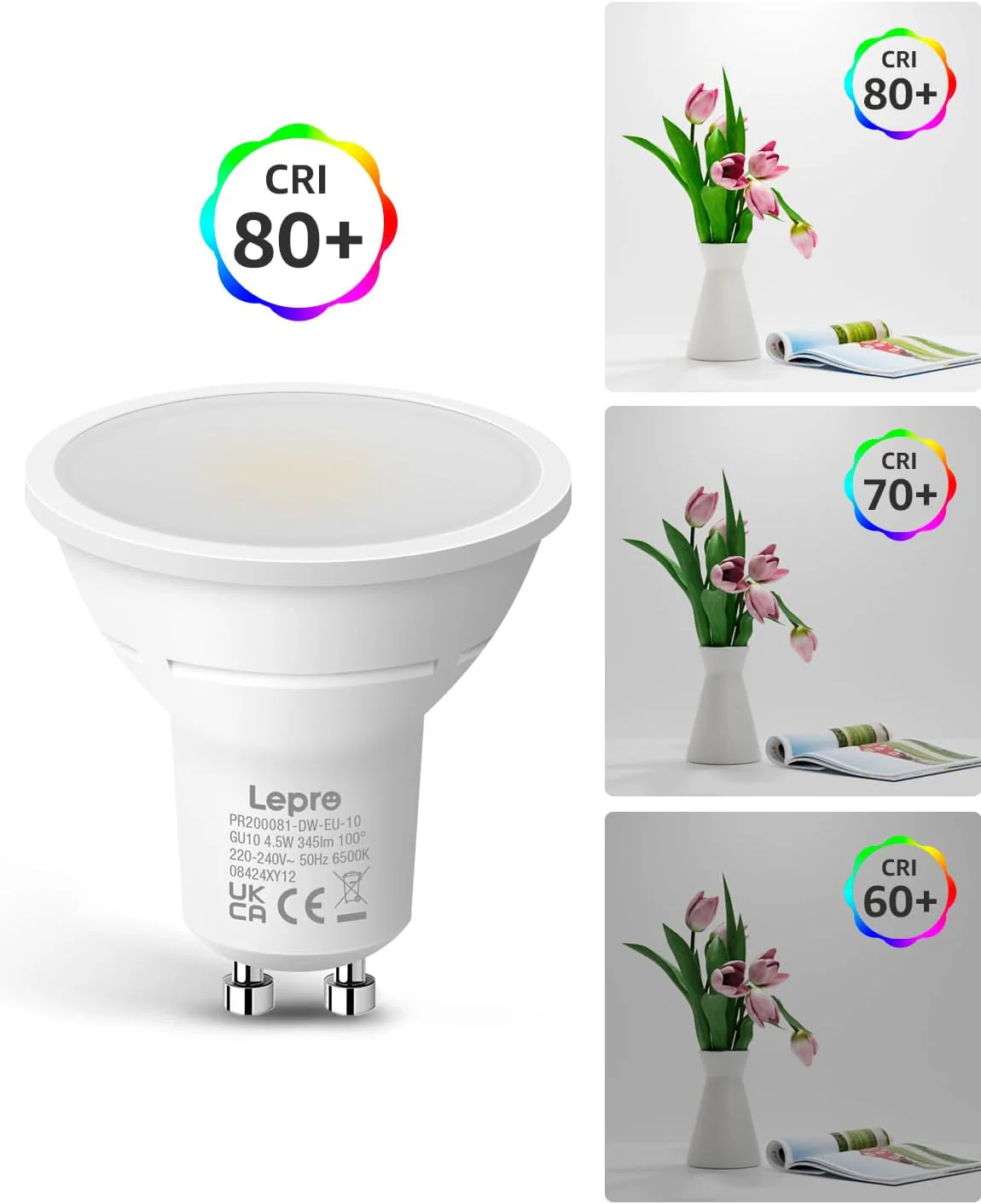 Lepro GU10 LED Bulbs, Cool White 6500K, 4.5W 345lm Daylight Led Bulbs, No Flickering, 50W Halogen Bulb Equivalent, Non-dimmable Energy Saving Light Bulbs, 100° Wide Beam, 10 Packs - Image 5